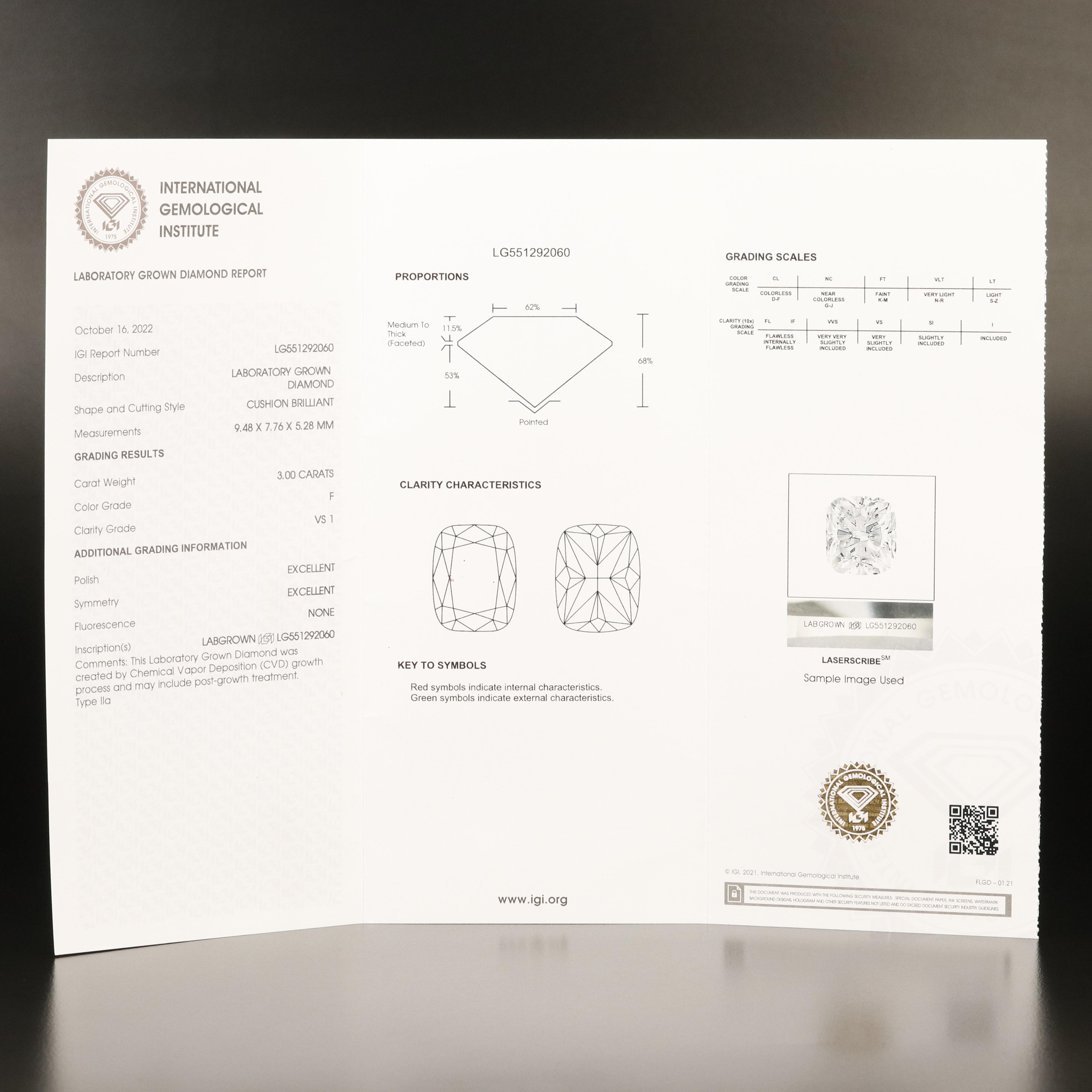 Loose 3.00 CT Lab Grown Diamond with IGI Report
