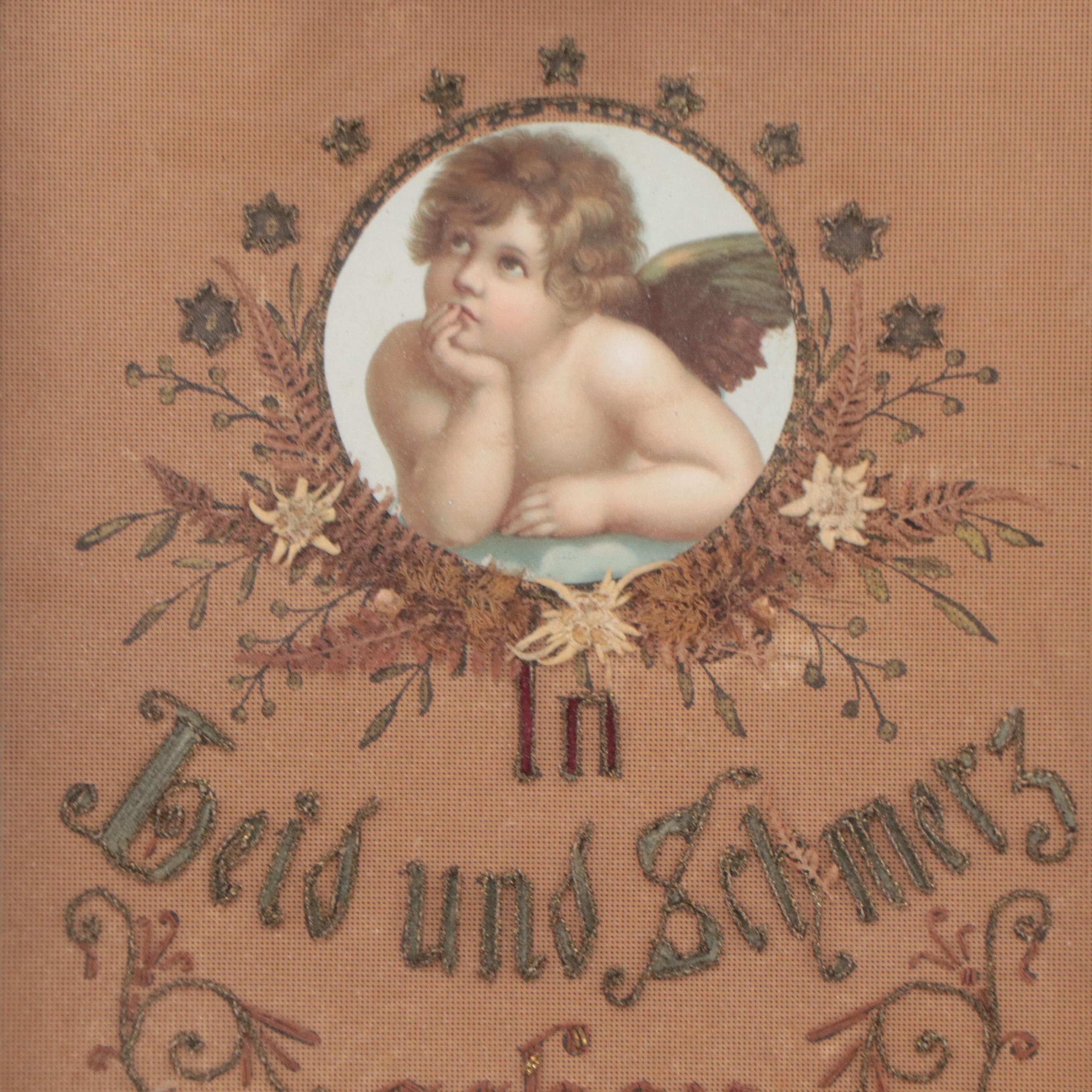 Framed German Embroidered "In Leid und Schmerz Schau Himmelwärts" Motto Sampler