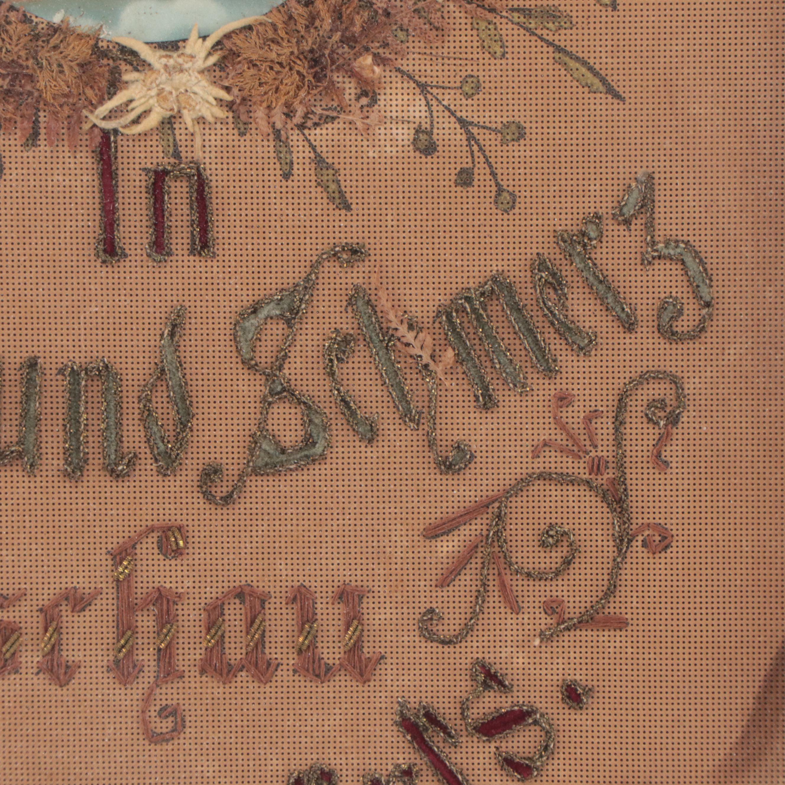 Framed German Embroidered "In Leid und Schmerz Schau Himmelwärts" Motto Sampler