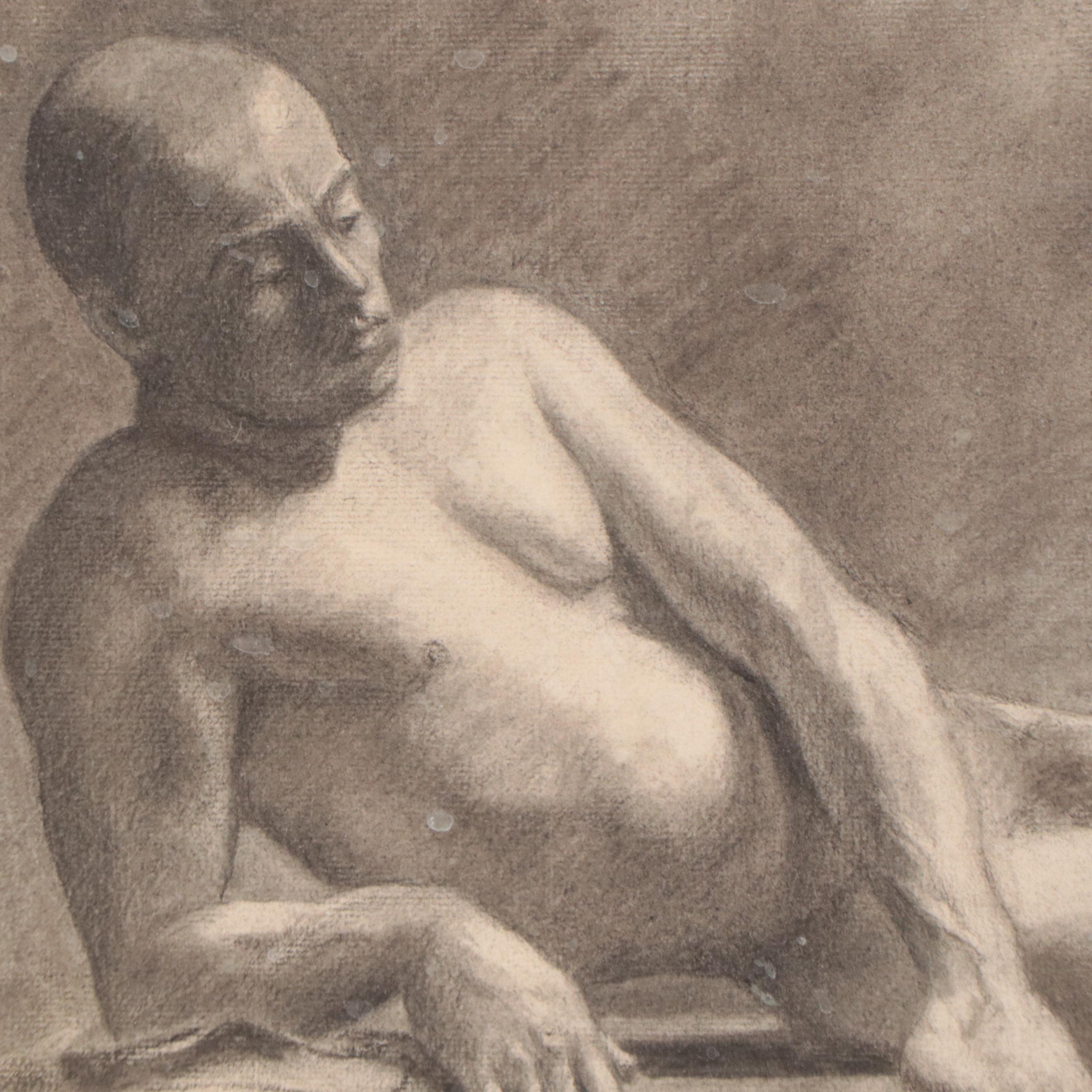 Attributed to Enno Meyer Charcoal Drawing of Reclining Male Nude