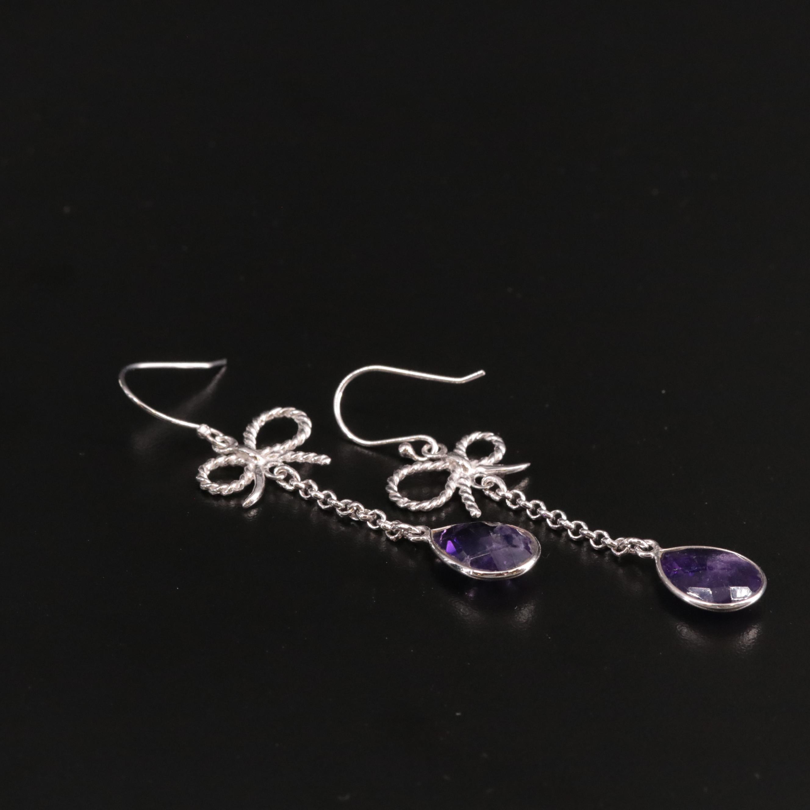 Sterling Amethyst Dangle Earrings Featuring Bow