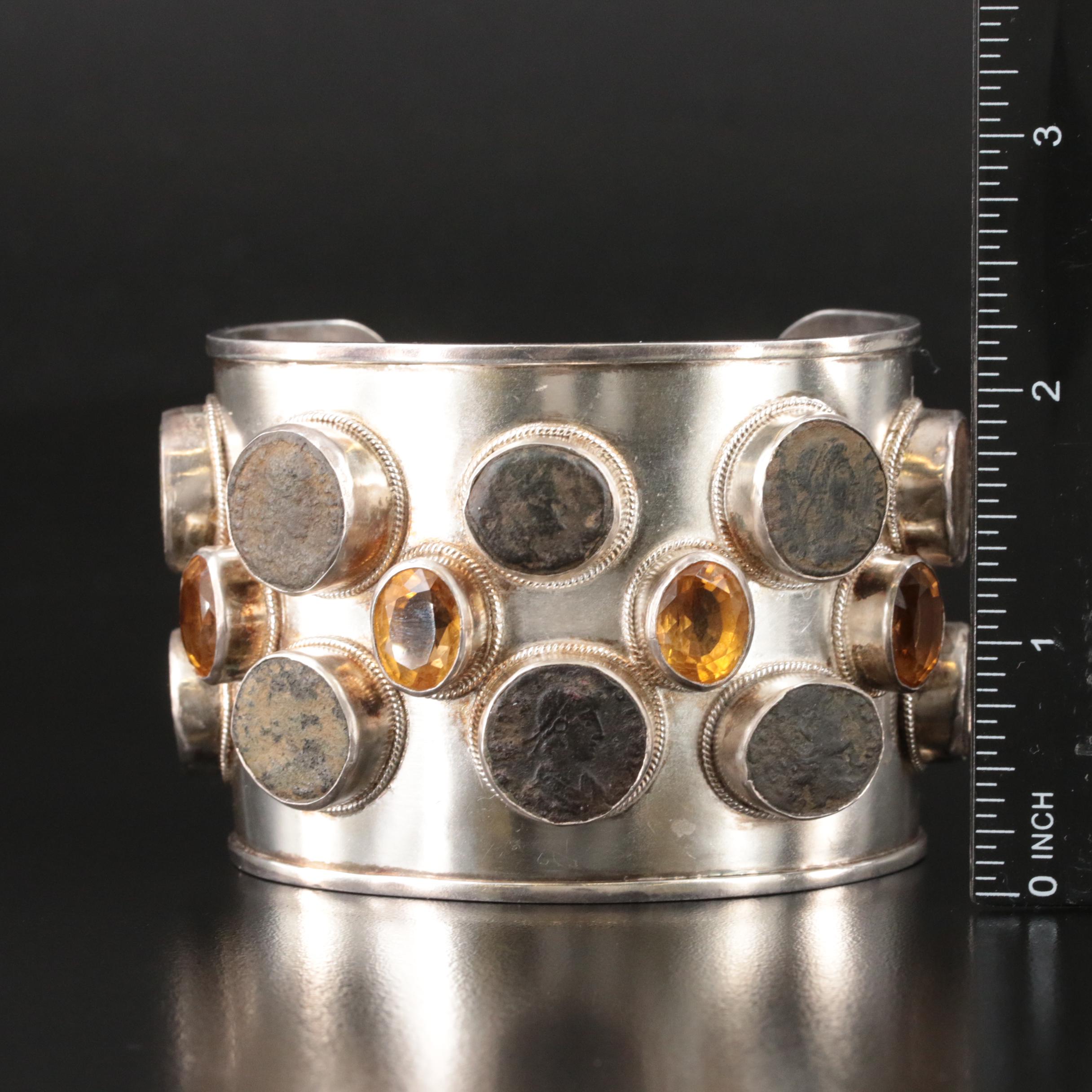 Sterling Carnelian Studio Cuff with Ten Ancient Roman Imperial Bronze Coins