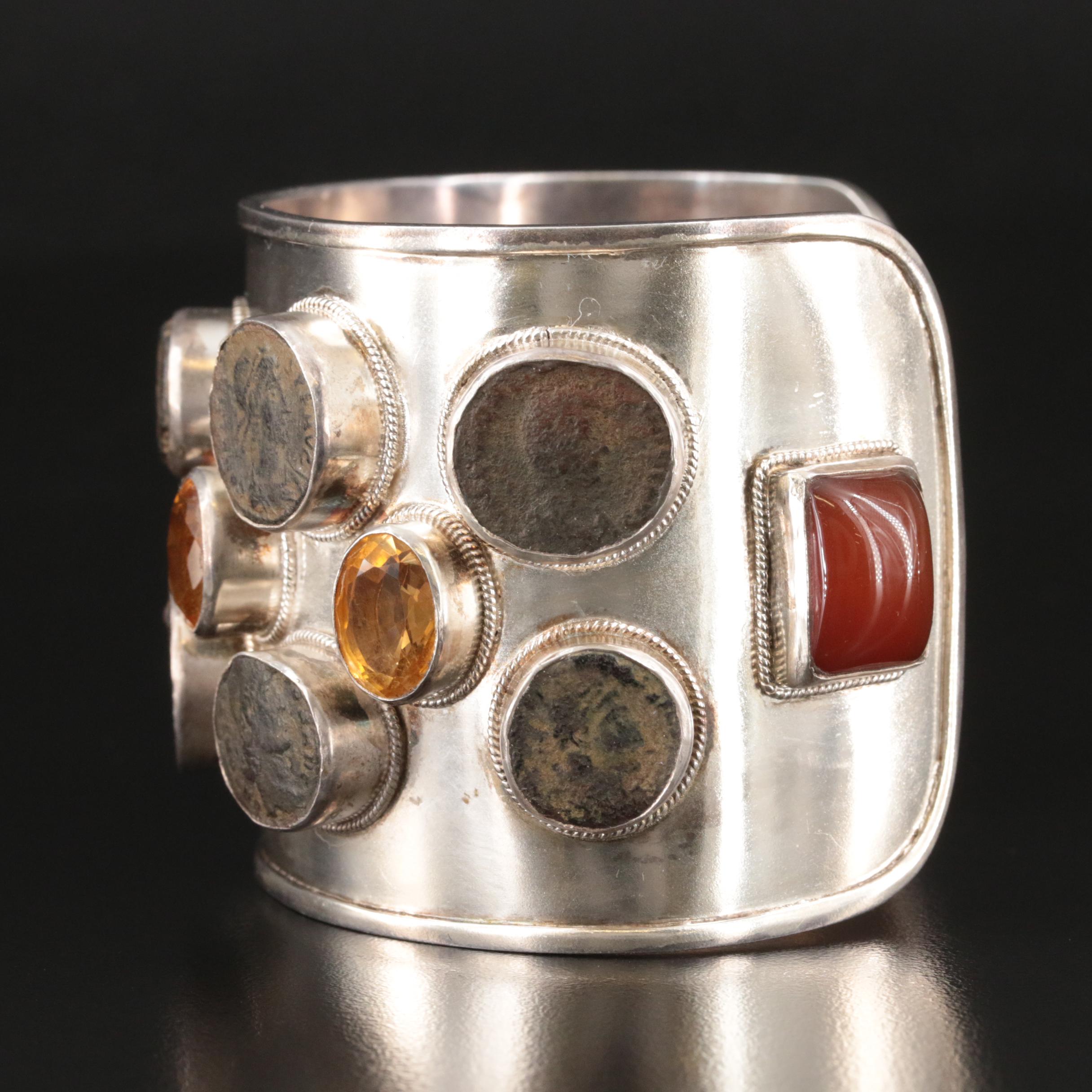 Sterling Carnelian Studio Cuff with Ten Ancient Roman Imperial Bronze Coins