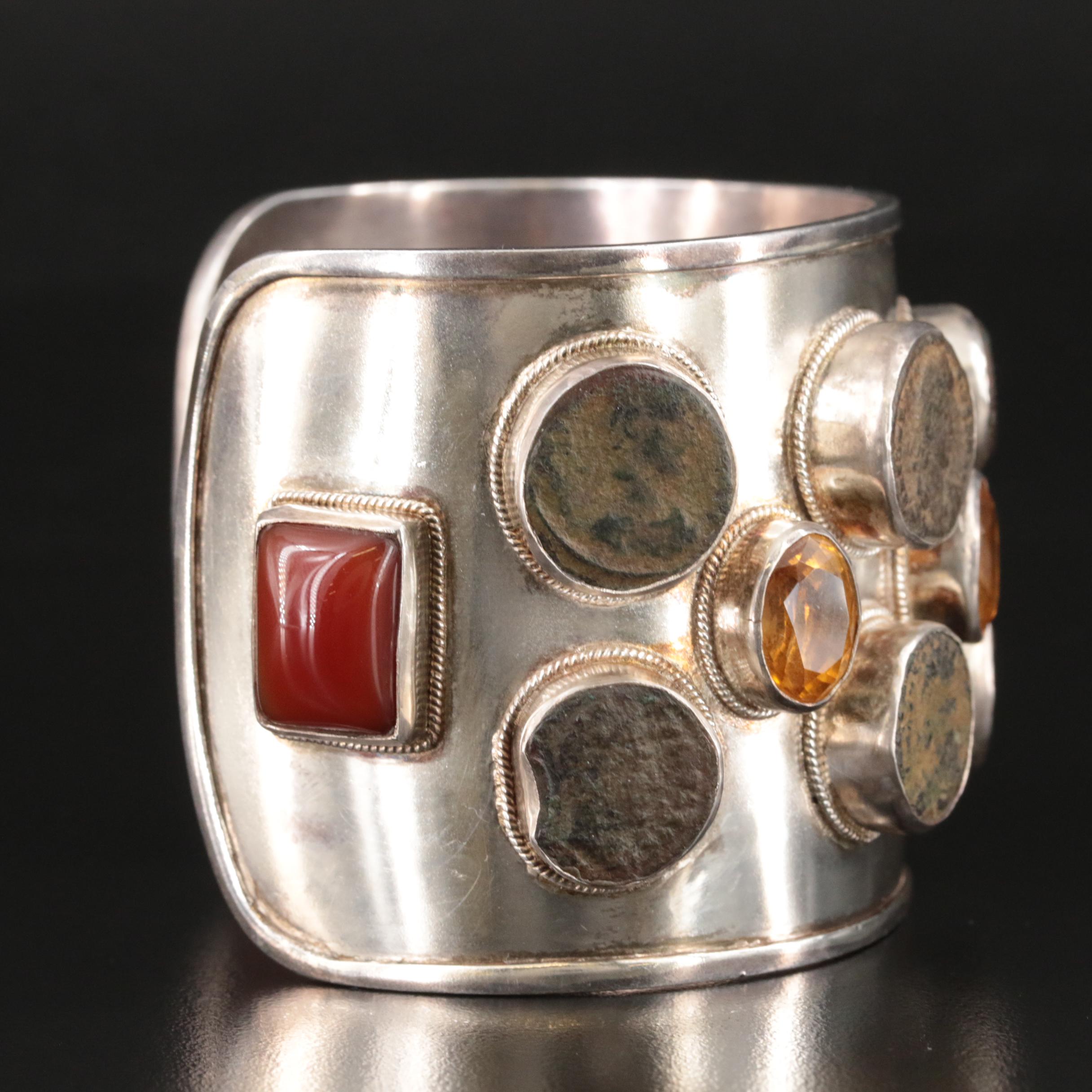 Sterling Carnelian Studio Cuff with Ten Ancient Roman Imperial Bronze Coins