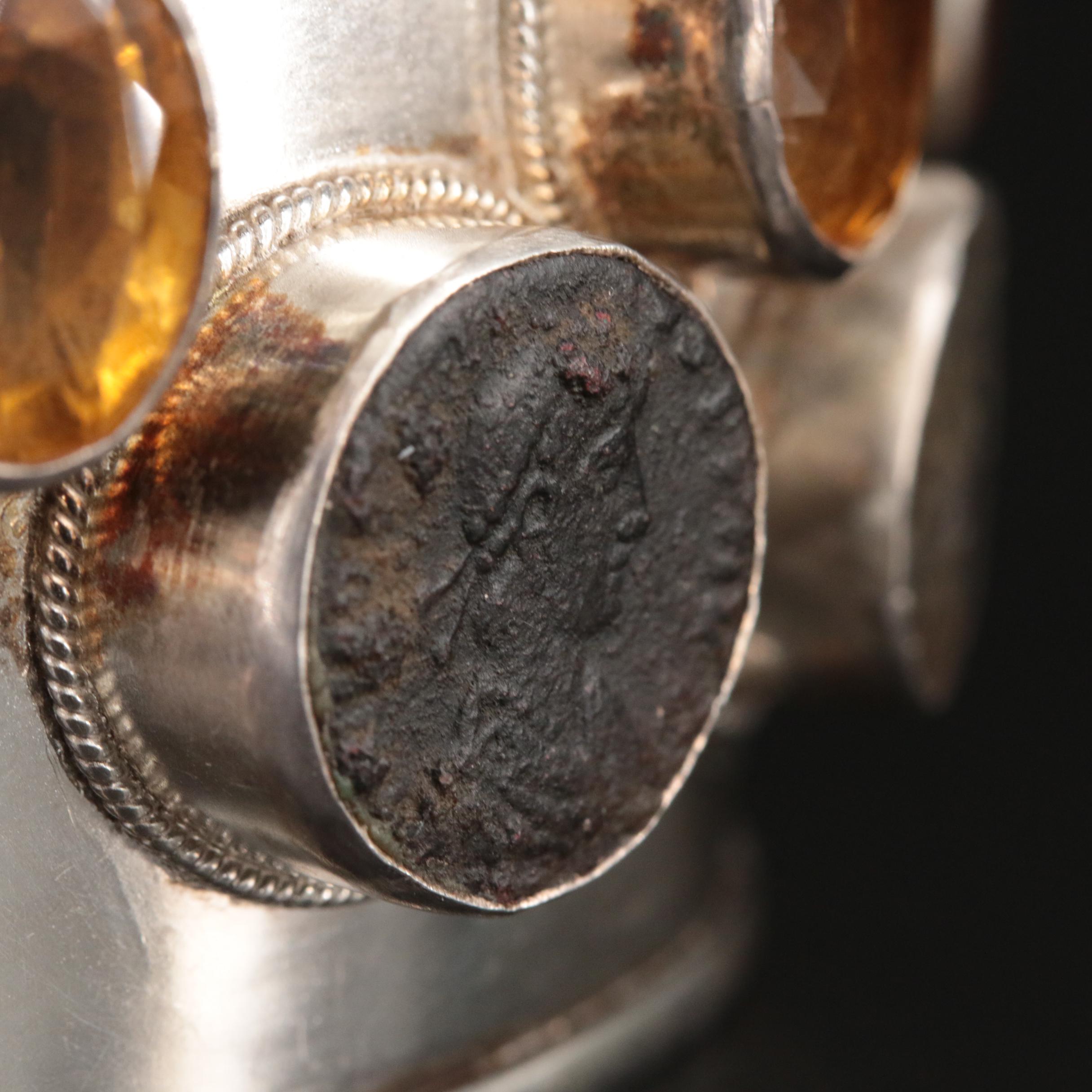 Sterling Carnelian Studio Cuff with Ten Ancient Roman Imperial Bronze Coins