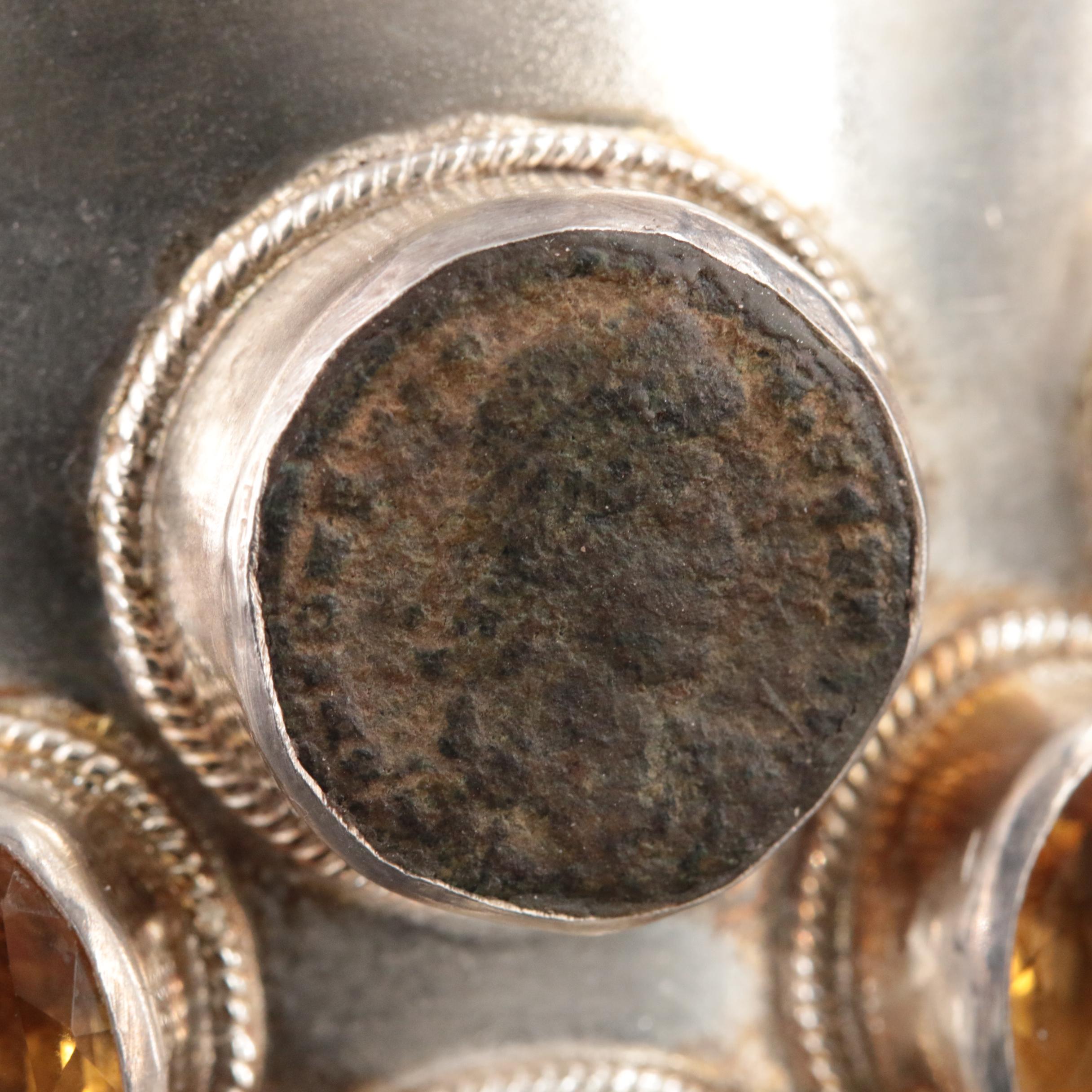 Sterling Carnelian Studio Cuff with Ten Ancient Roman Imperial Bronze Coins