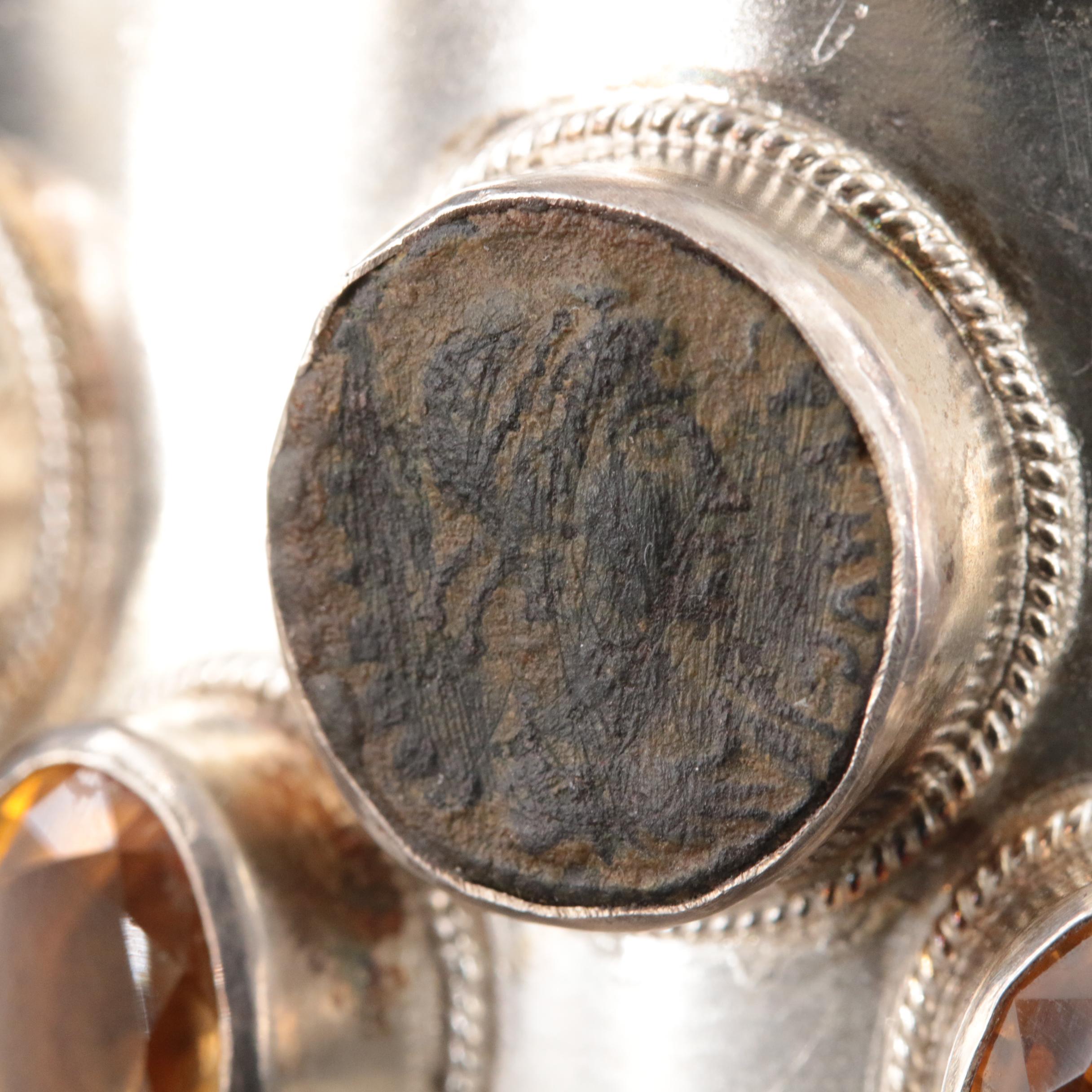Sterling Carnelian Studio Cuff with Ten Ancient Roman Imperial Bronze Coins