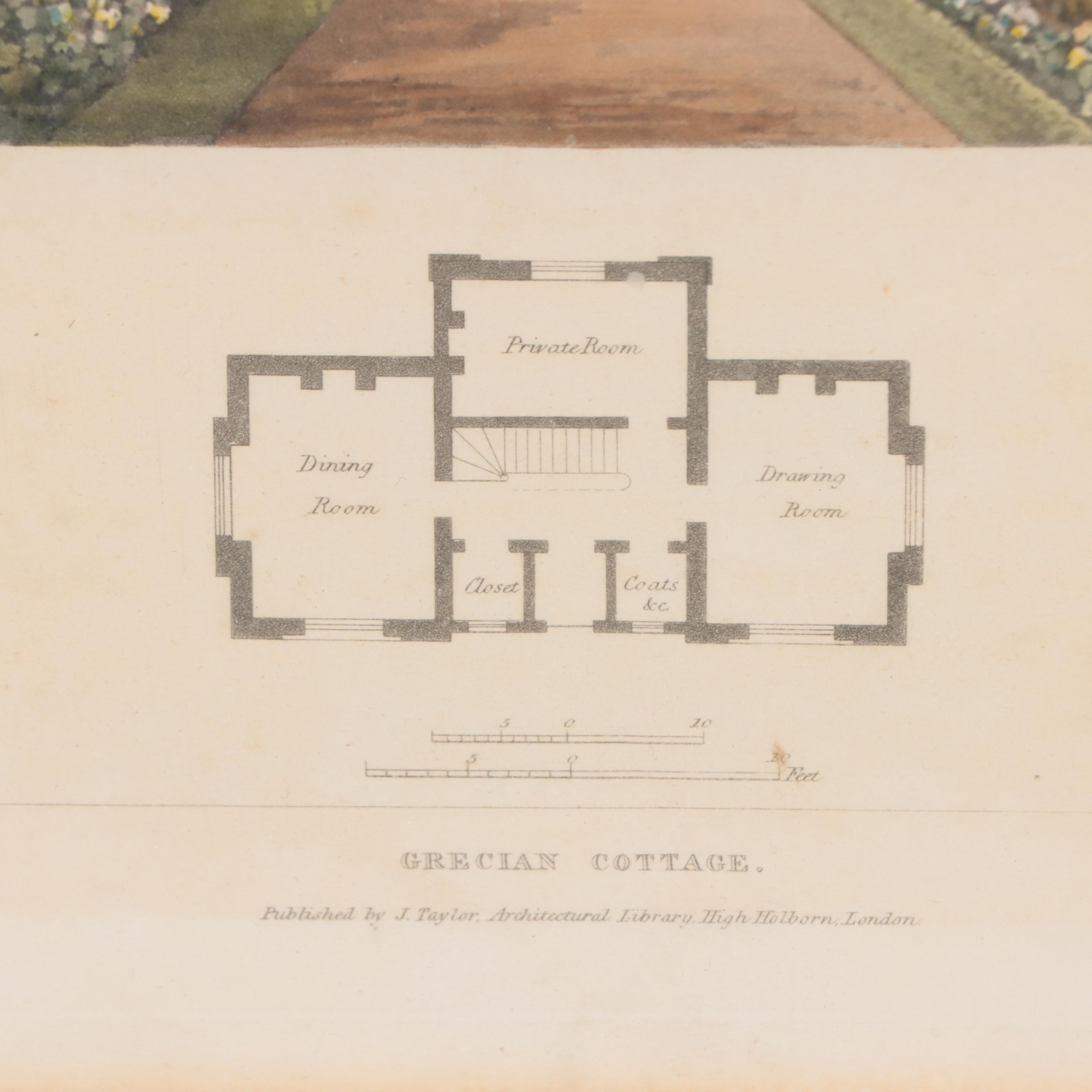 Hand-Colored Architectural Aquatint "Grecian Cottage"