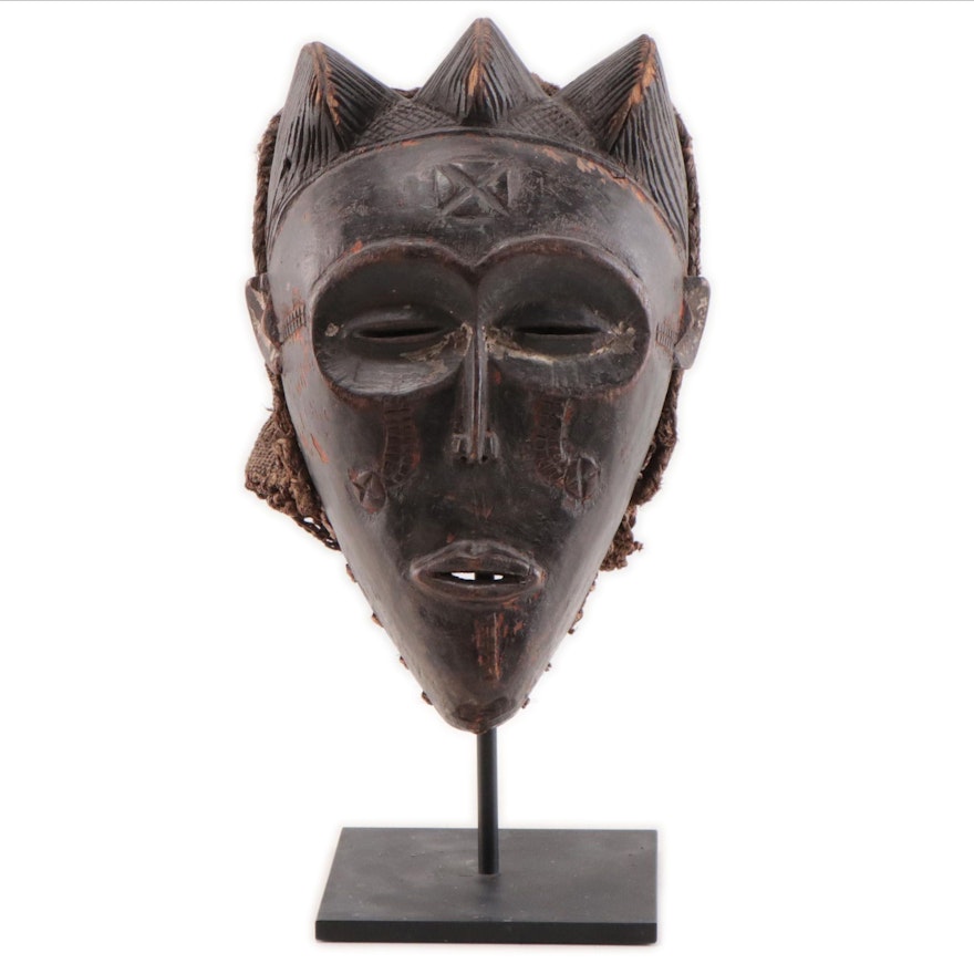 Chokwe "Mwana Pwo" Style Carved Wood and Fiber Mask
