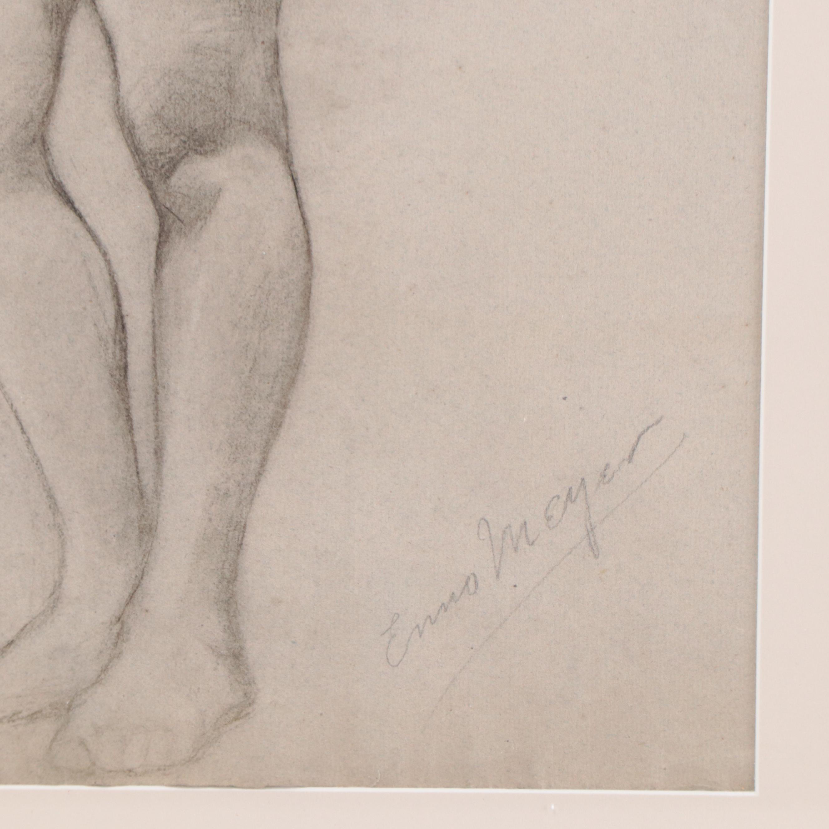Enno Meyer Charcoal Drawing of Standing Female Nude, circa 1940