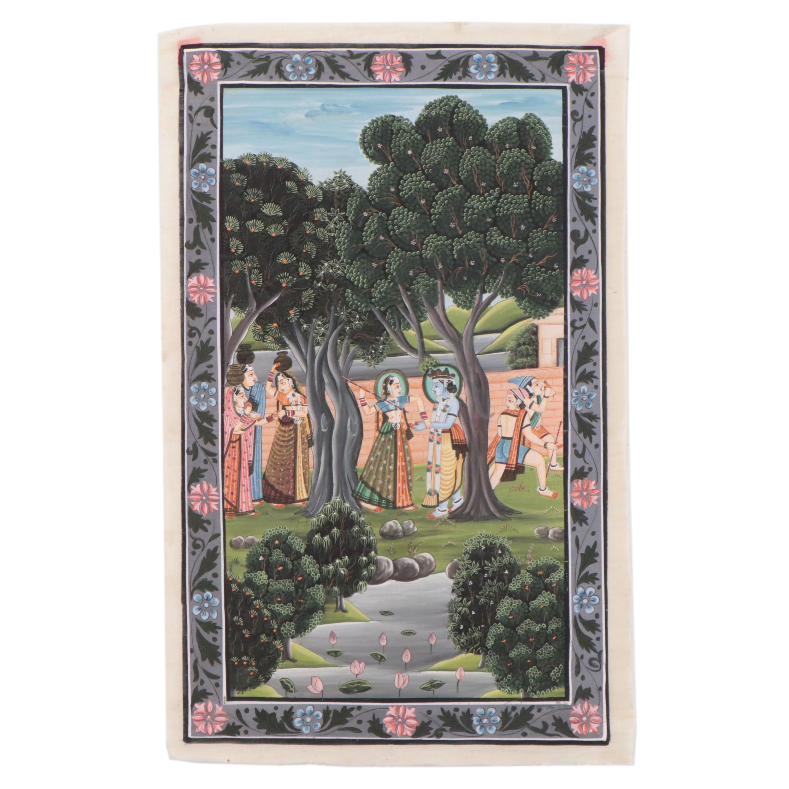 Indian Rajput Gouache Painting of Krishna and Radha