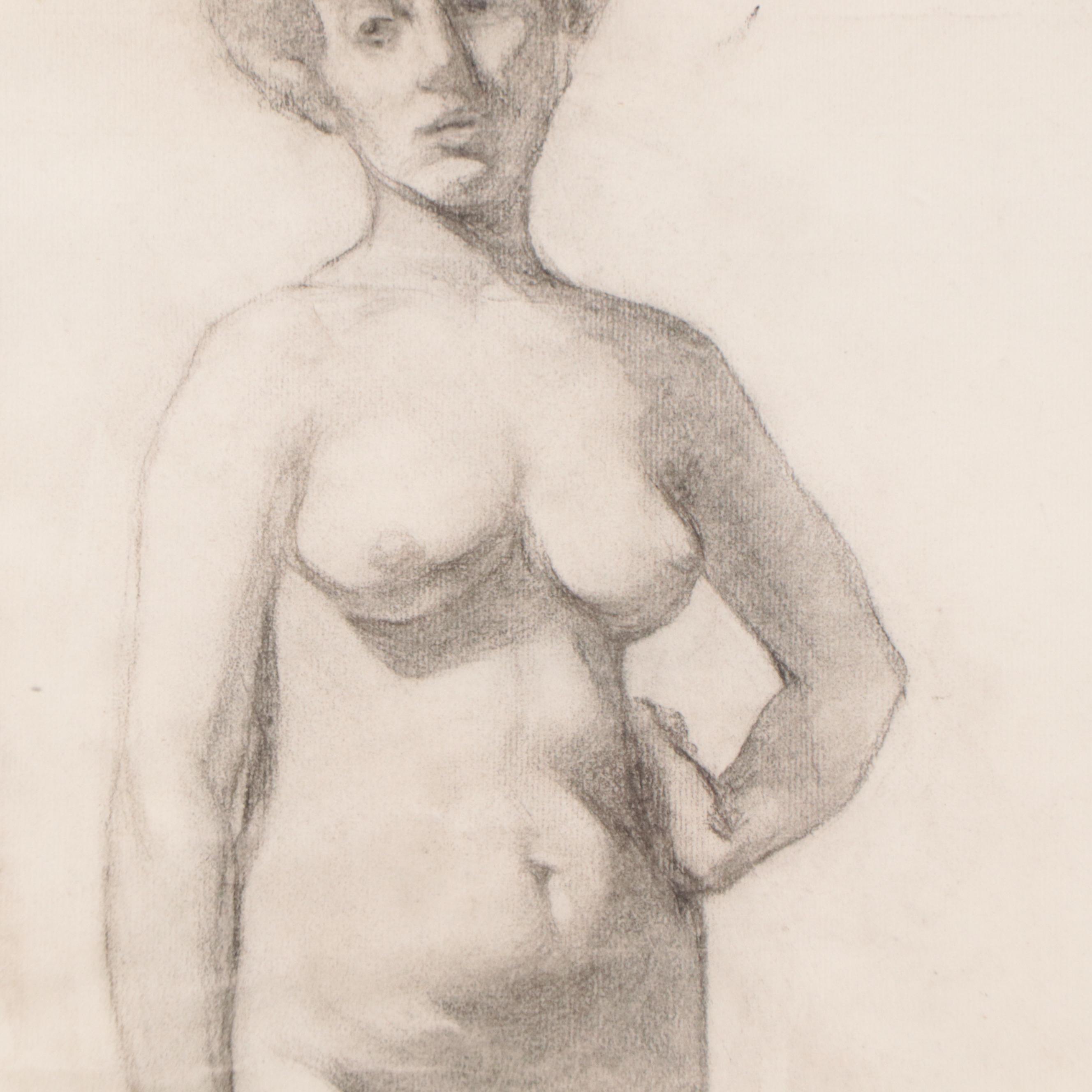Enno Meyer Charcoal Drawing of Standing Female Nude, Circa 1940