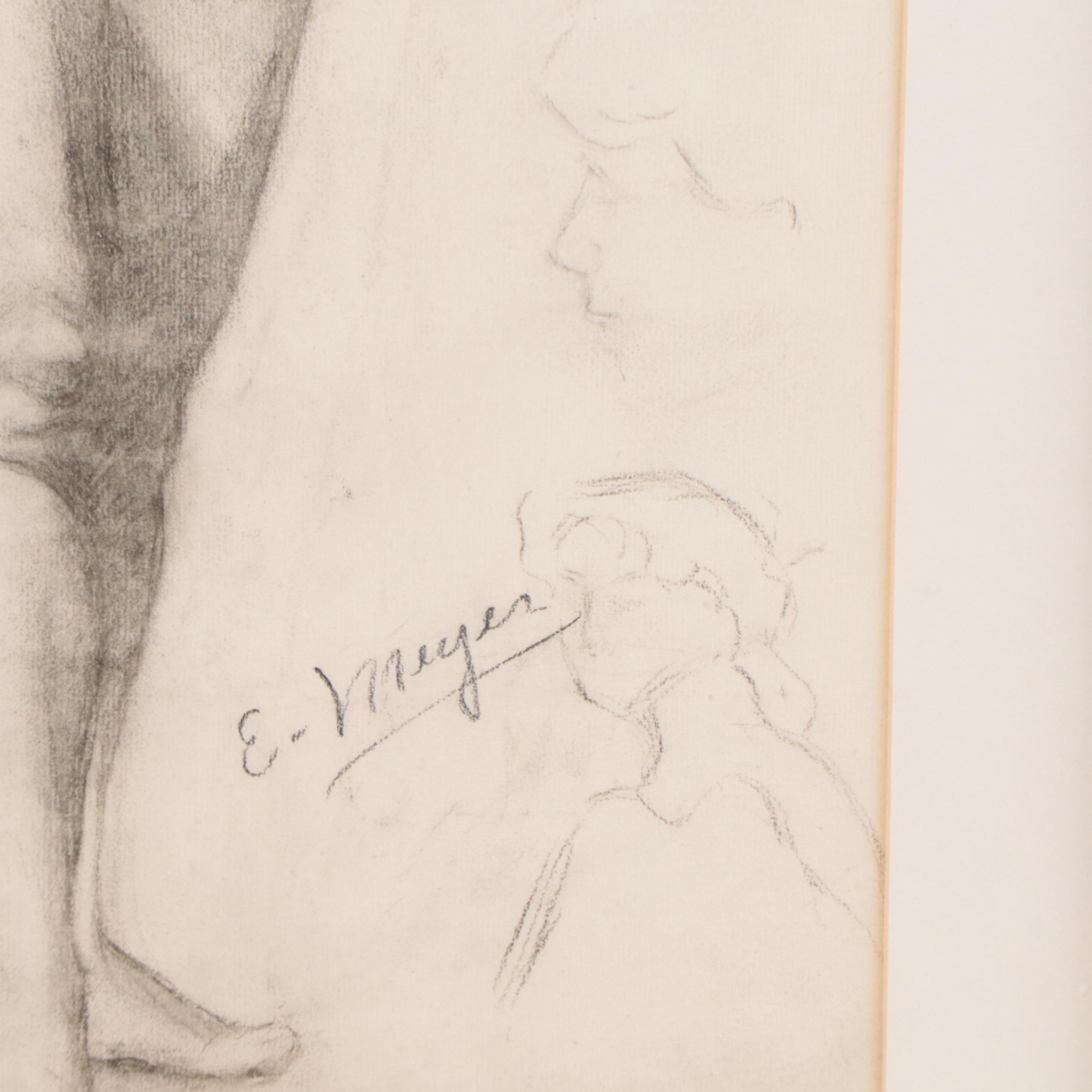 Enno Meyer Charcoal Drawing of Standing Female Nude, Circa 1940