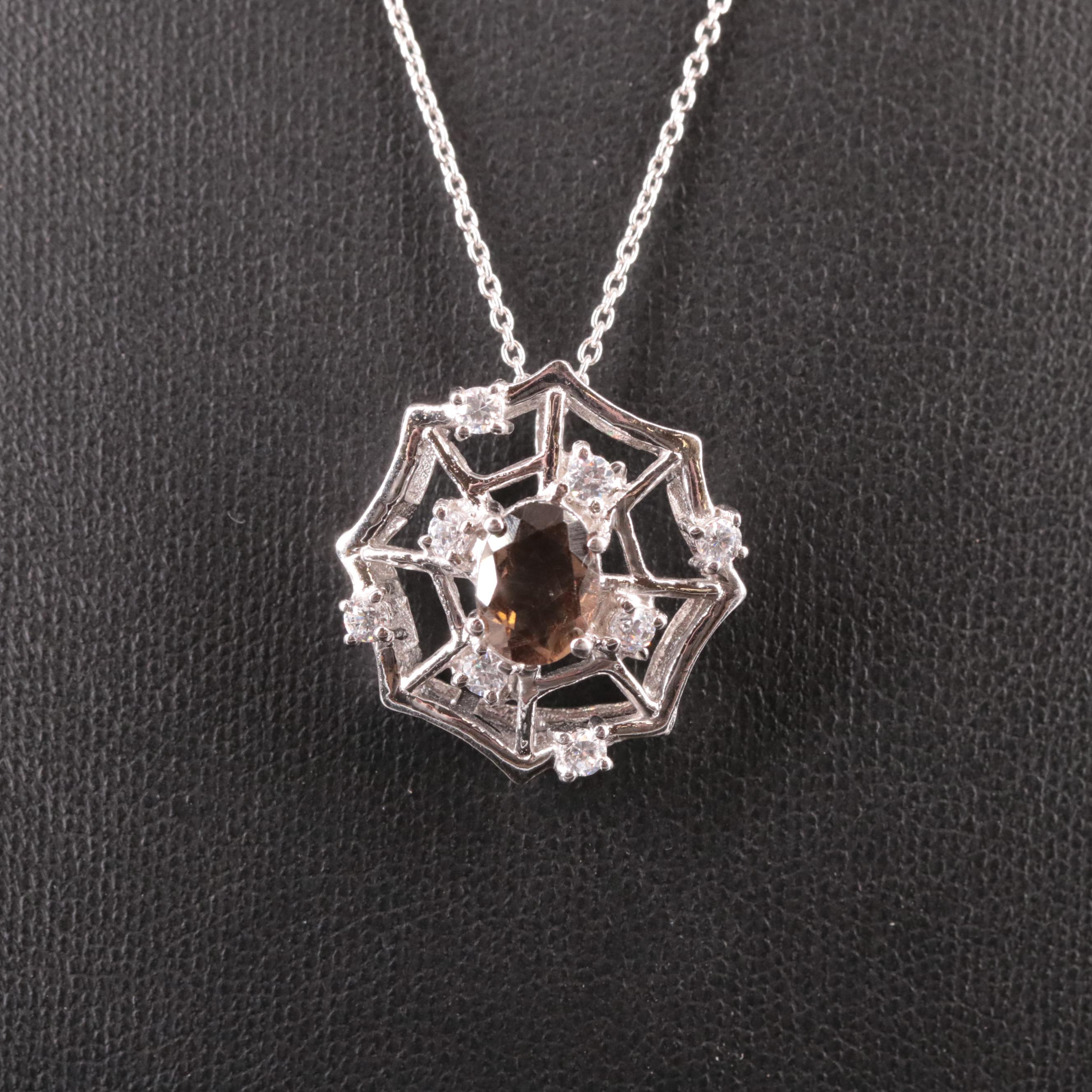 Sterling Smoky Quartz and Cubic Zirconia Spider Wed Pendant Necklace