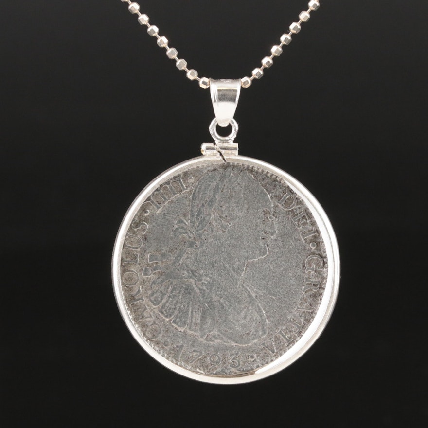 Sterling Reproduction Spanish Colonial 8-Reales Coin Pendant Necklace