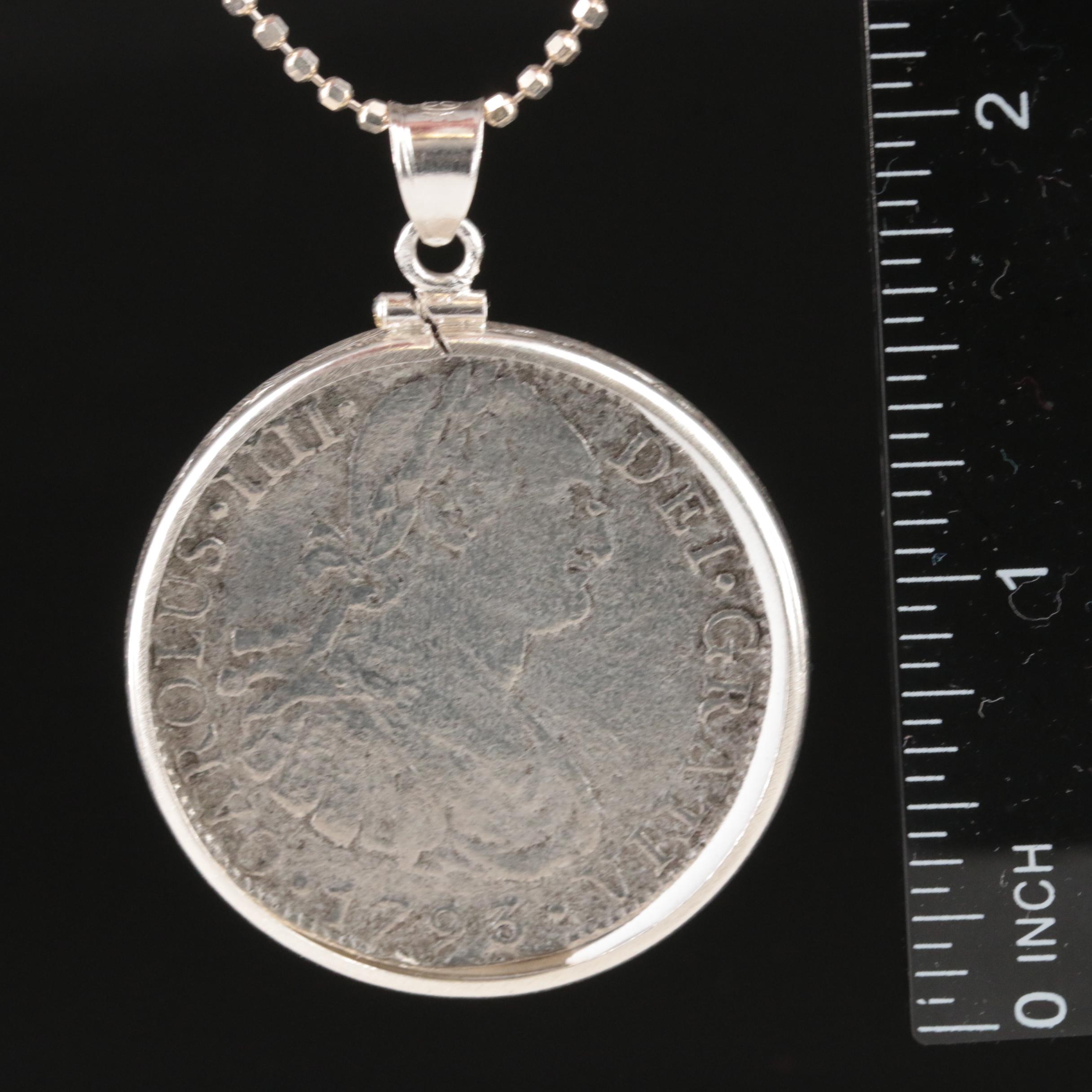 Sterling Reproduction Spanish Colonial 8-Reales Coin Pendant Necklace