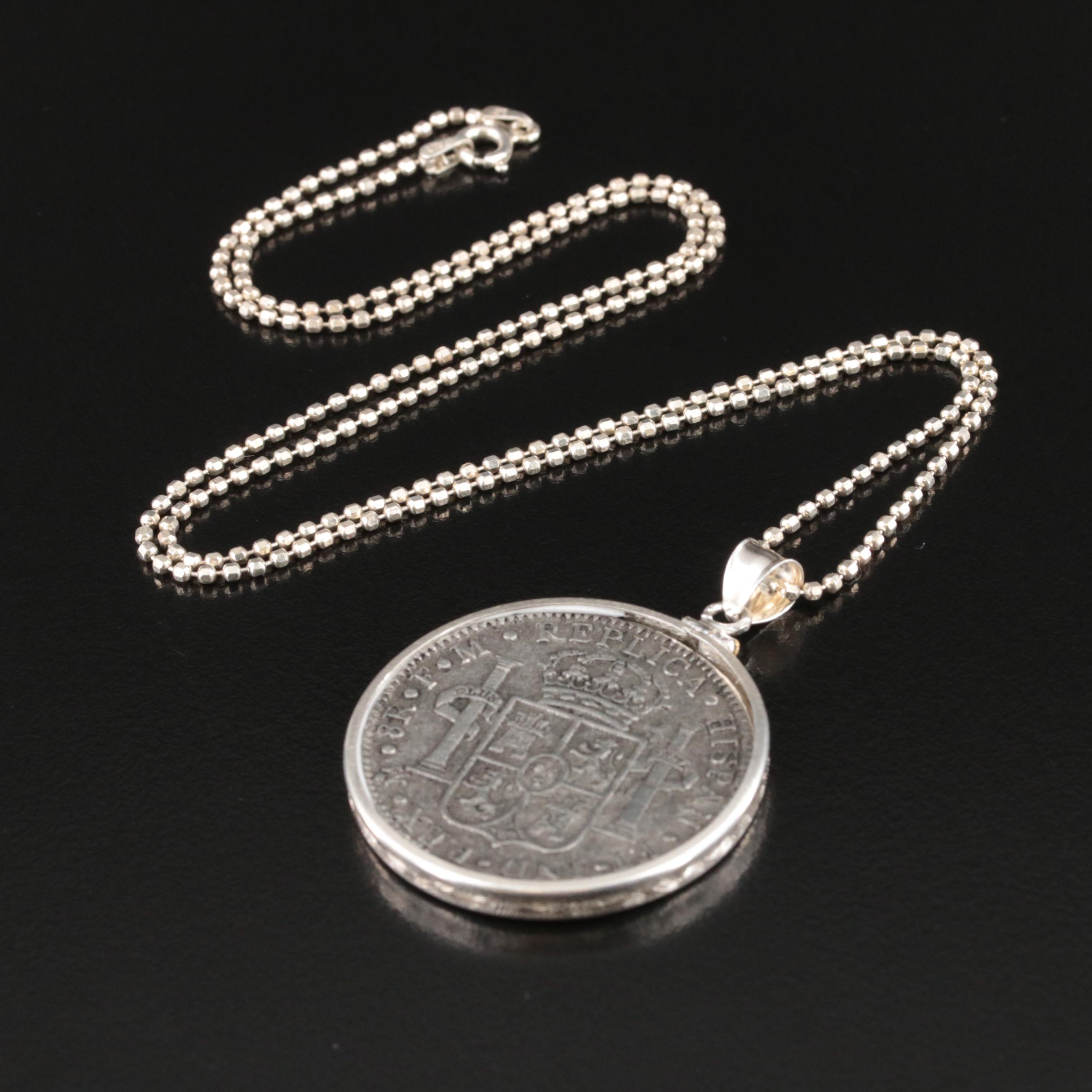 Sterling Reproduction Spanish Colonial 8-Reales Coin Pendant Necklace