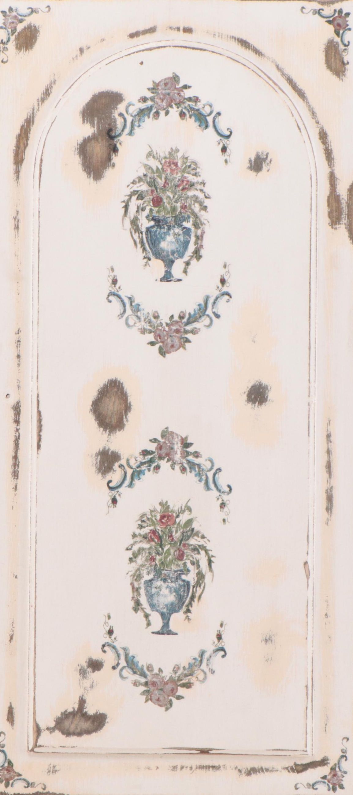 Distressed Door Panel with Rococo Style Floral Motif Image Transfers