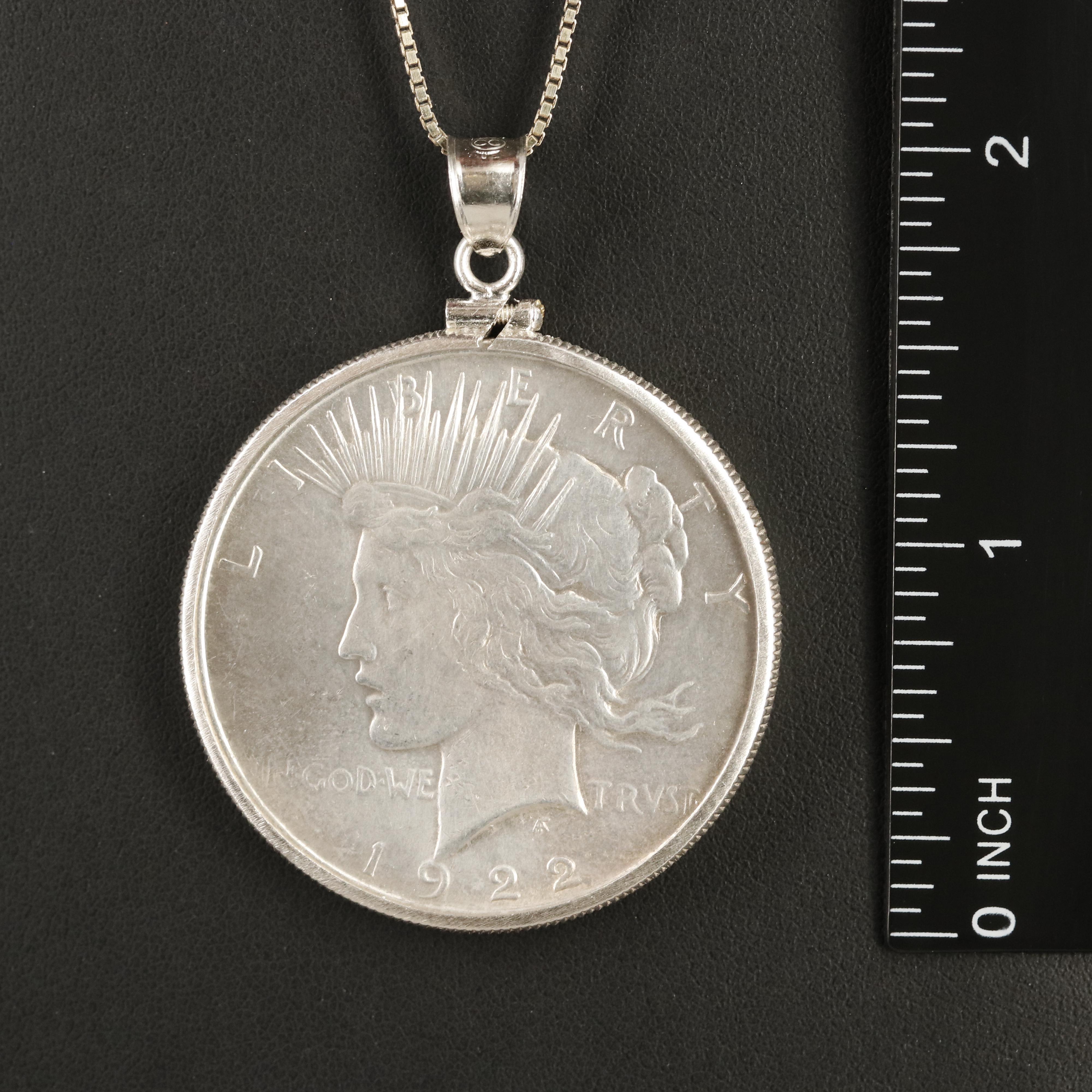 1922 Peace Silver Dollar Coin Pendant on Sterling Box Chain Necklace