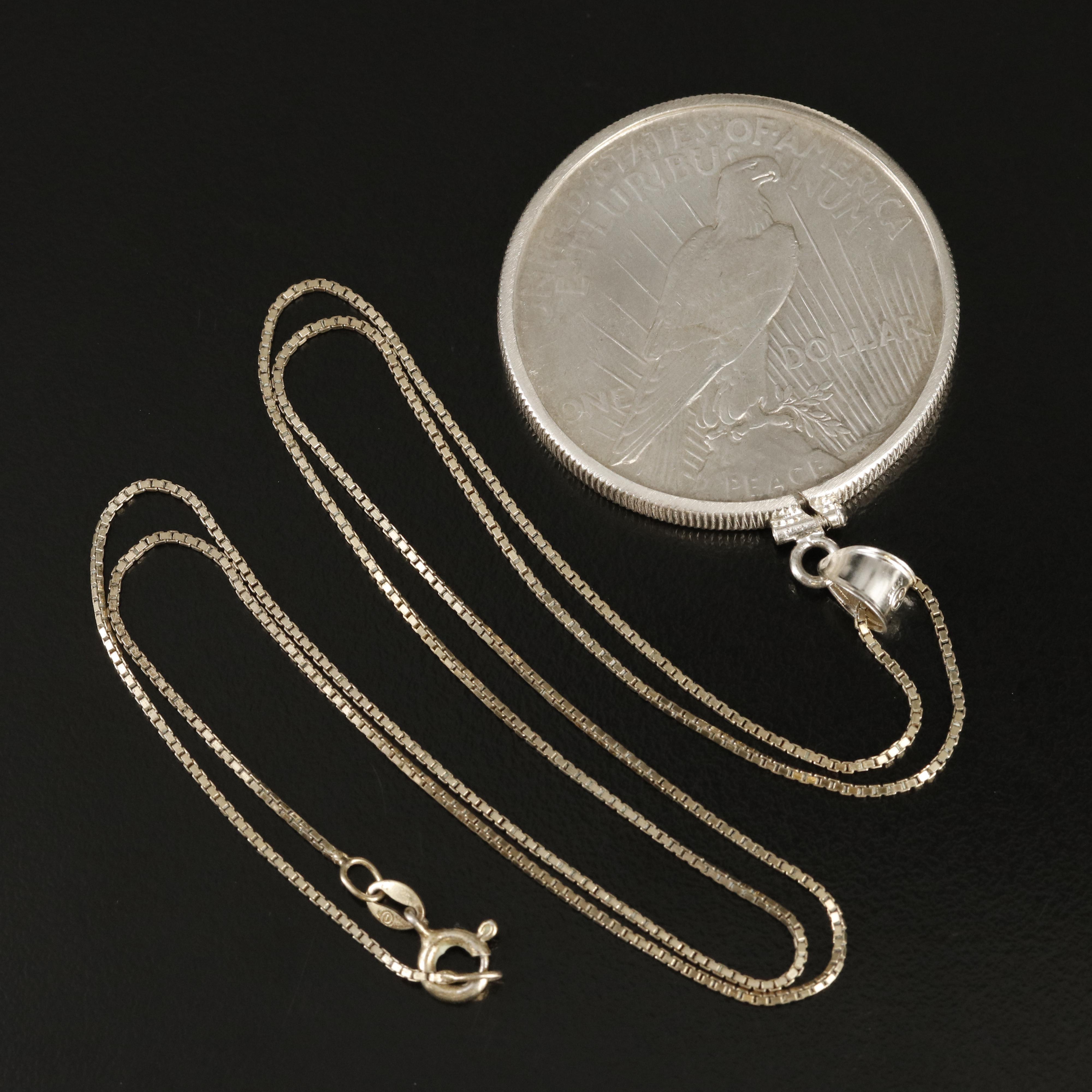 1922 Peace Silver Dollar Coin Pendant on Sterling Box Chain Necklace