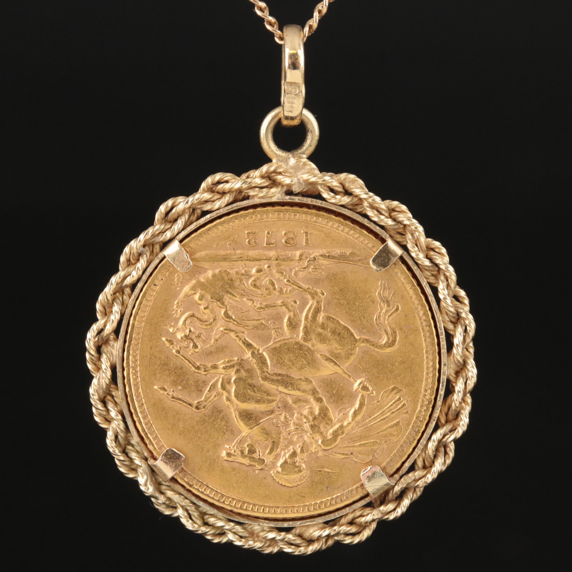 14K 1872 Great Britain Sovereign Gold Coin of Queen Victoria Pendant Necklace