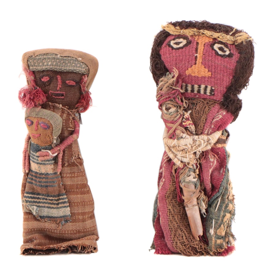 Peruvian Folk Art Chancay Funerary Male and Female Cloth Dolls