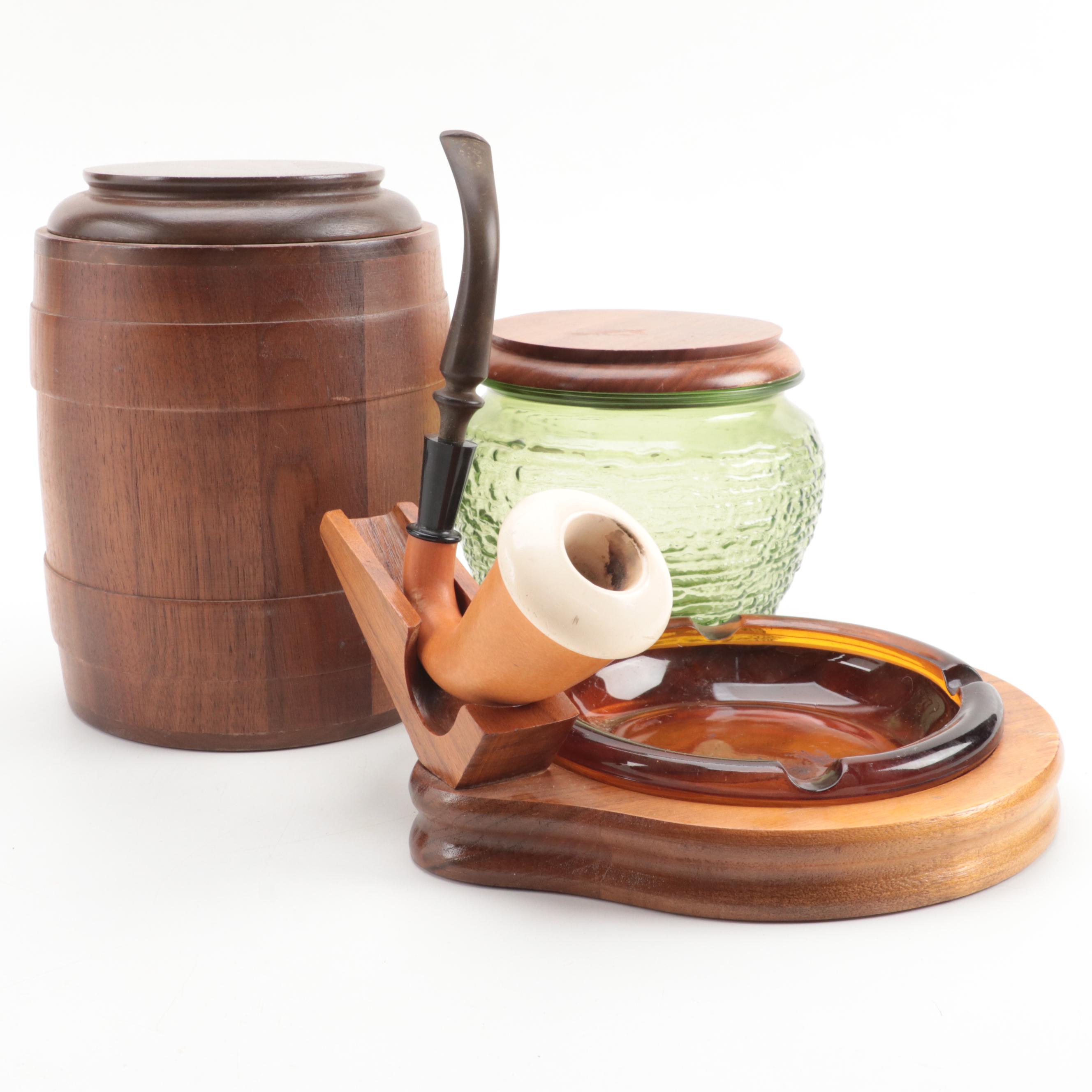 Walnut and Glass Humidors, Ashtray and Calabash Pipe