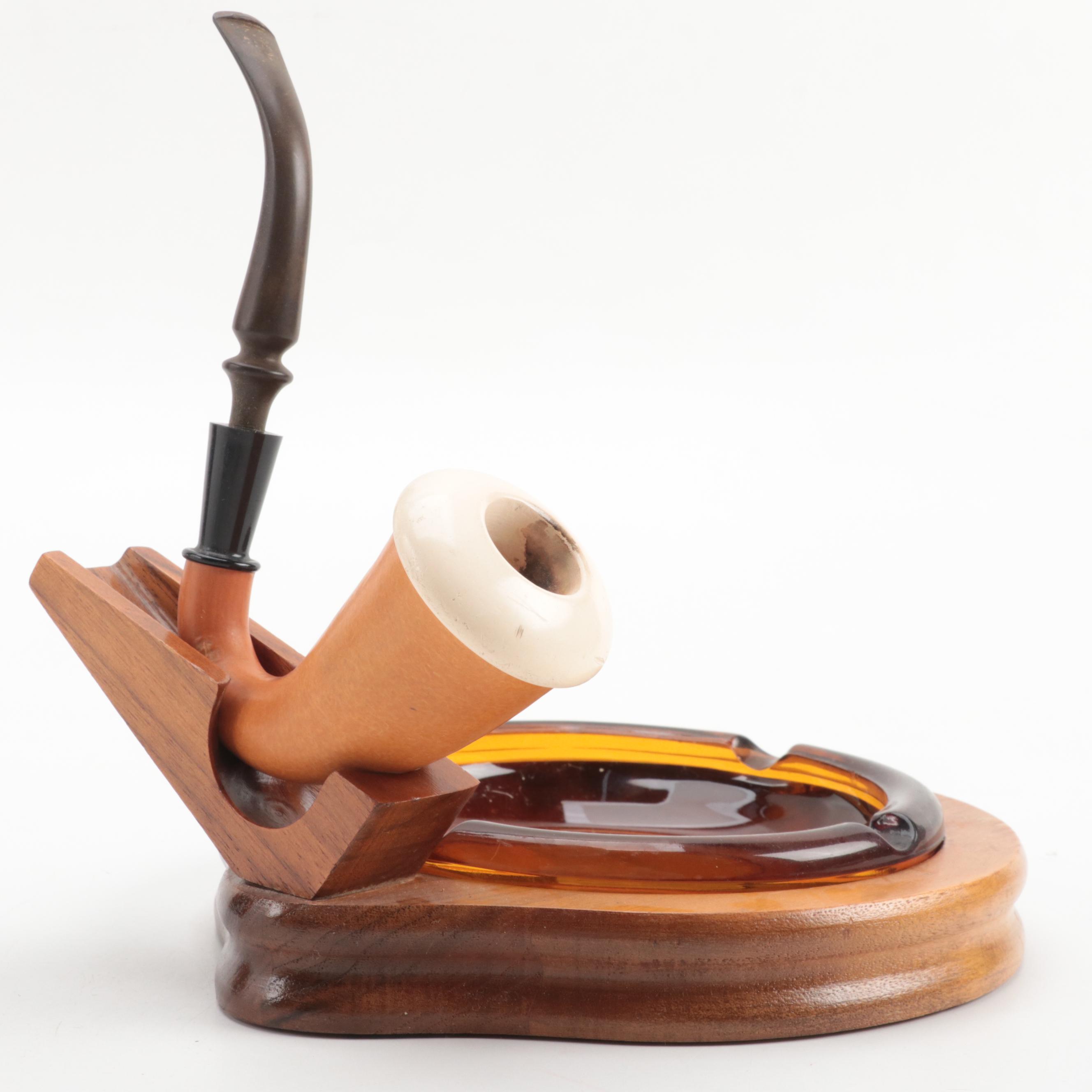 Walnut and Glass Humidors, Ashtray and Calabash Pipe