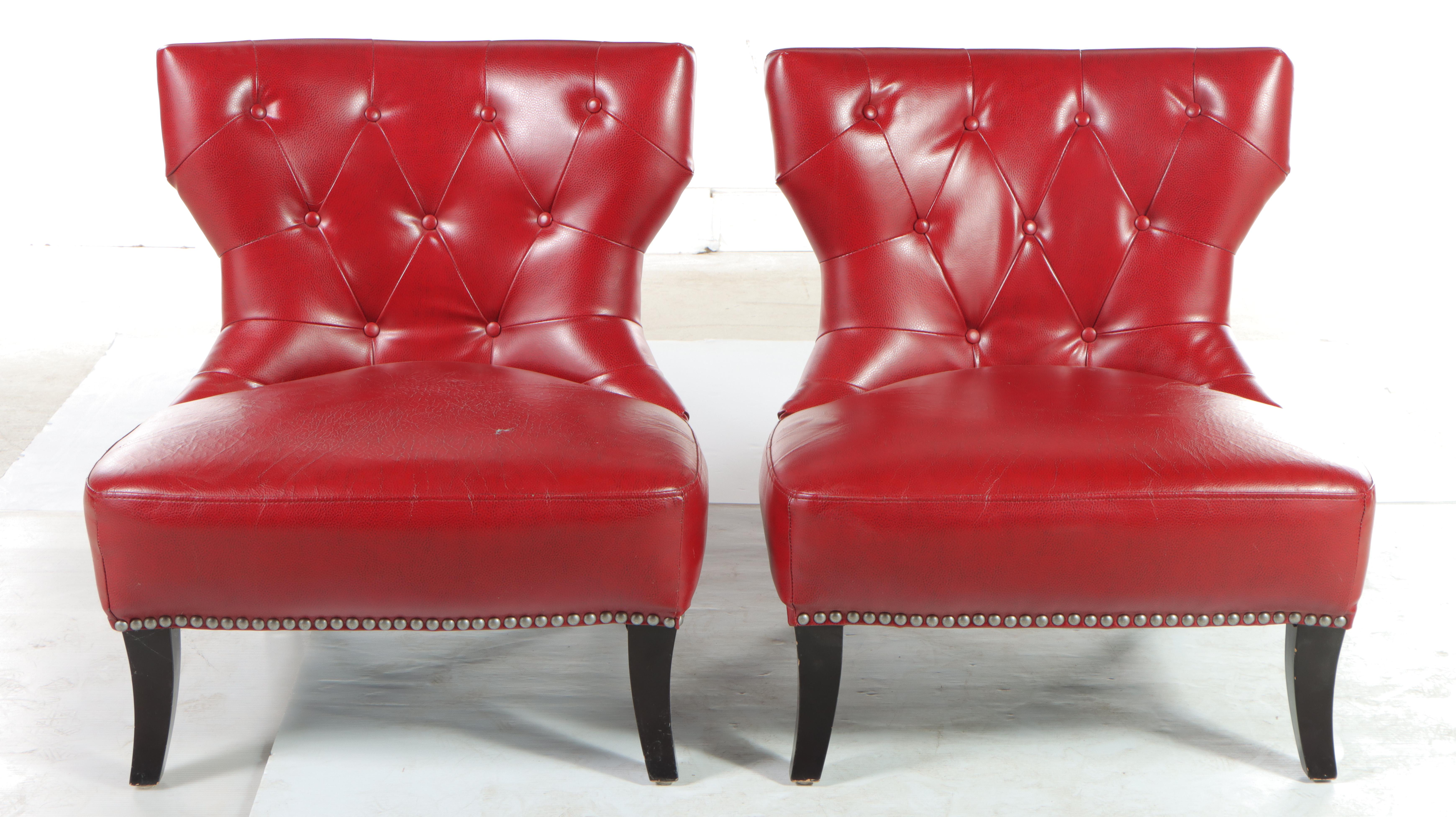 Pair of Bonded Leather and Buttoned-Down Slipper Chairs with Nailheads