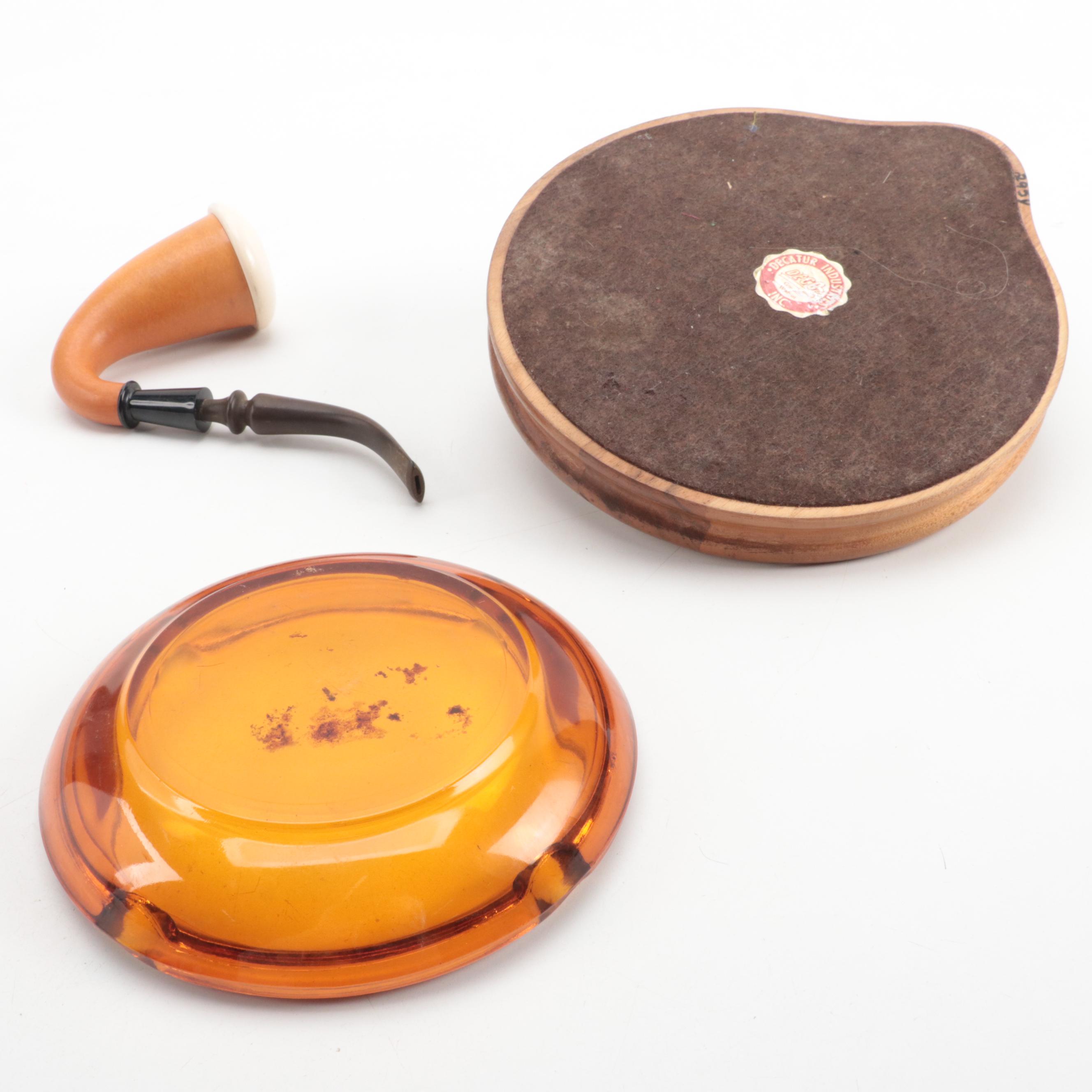 Walnut and Glass Humidors, Ashtray and Calabash Pipe
