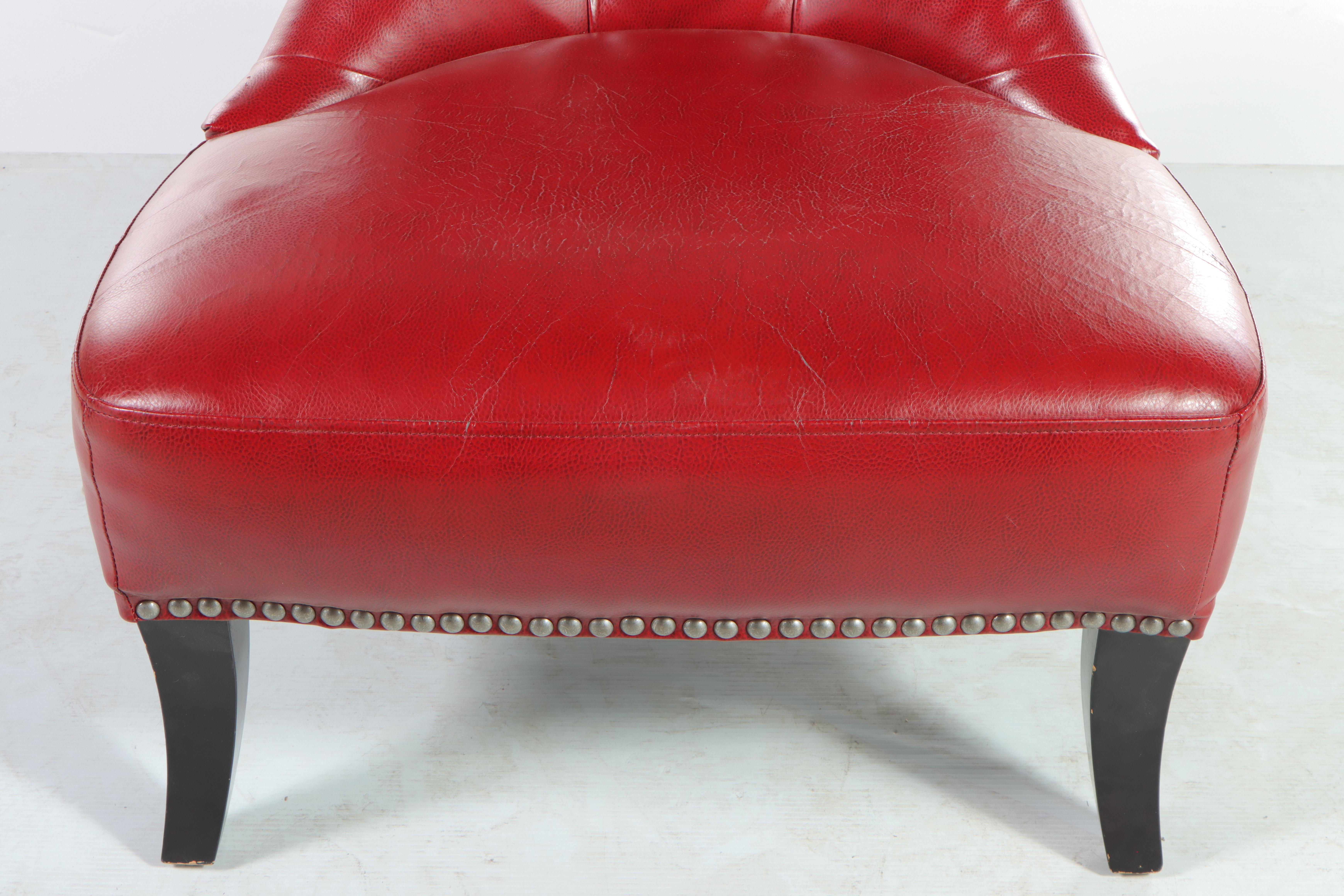 Pair of Bonded Leather and Buttoned-Down Slipper Chairs with Nailheads