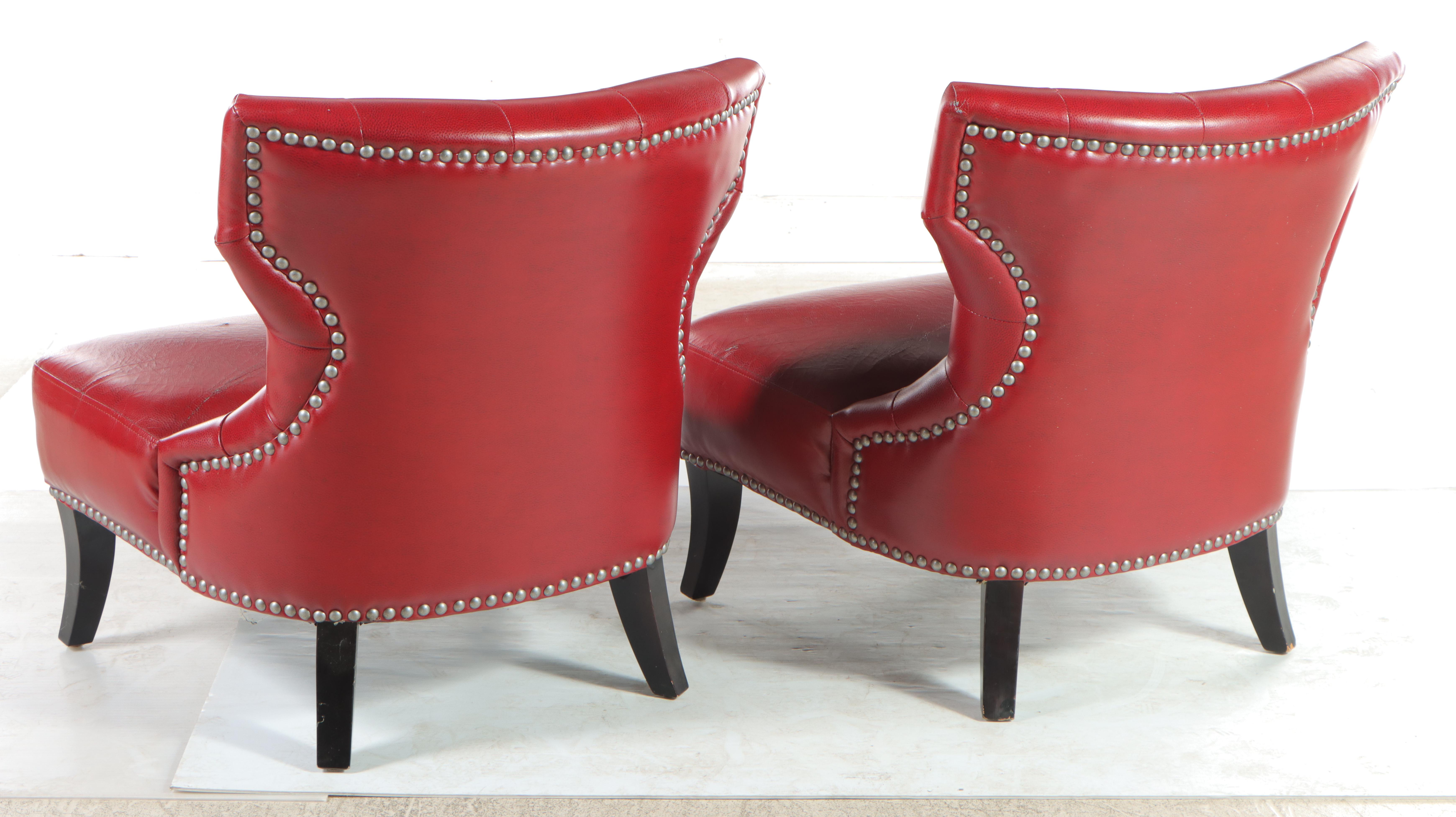 Pair of Bonded Leather and Buttoned-Down Slipper Chairs with Nailheads