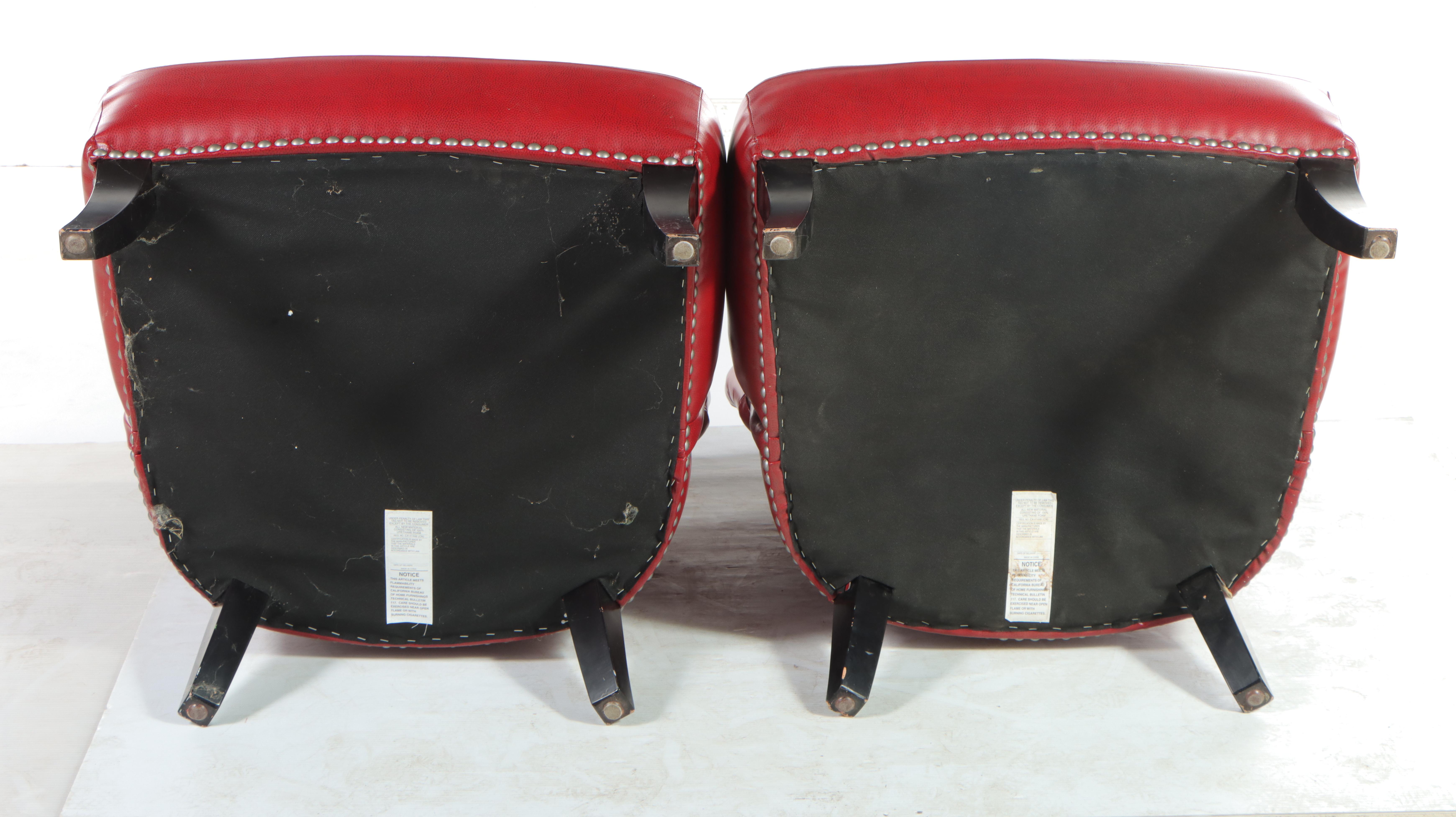 Pair of Bonded Leather and Buttoned-Down Slipper Chairs with Nailheads