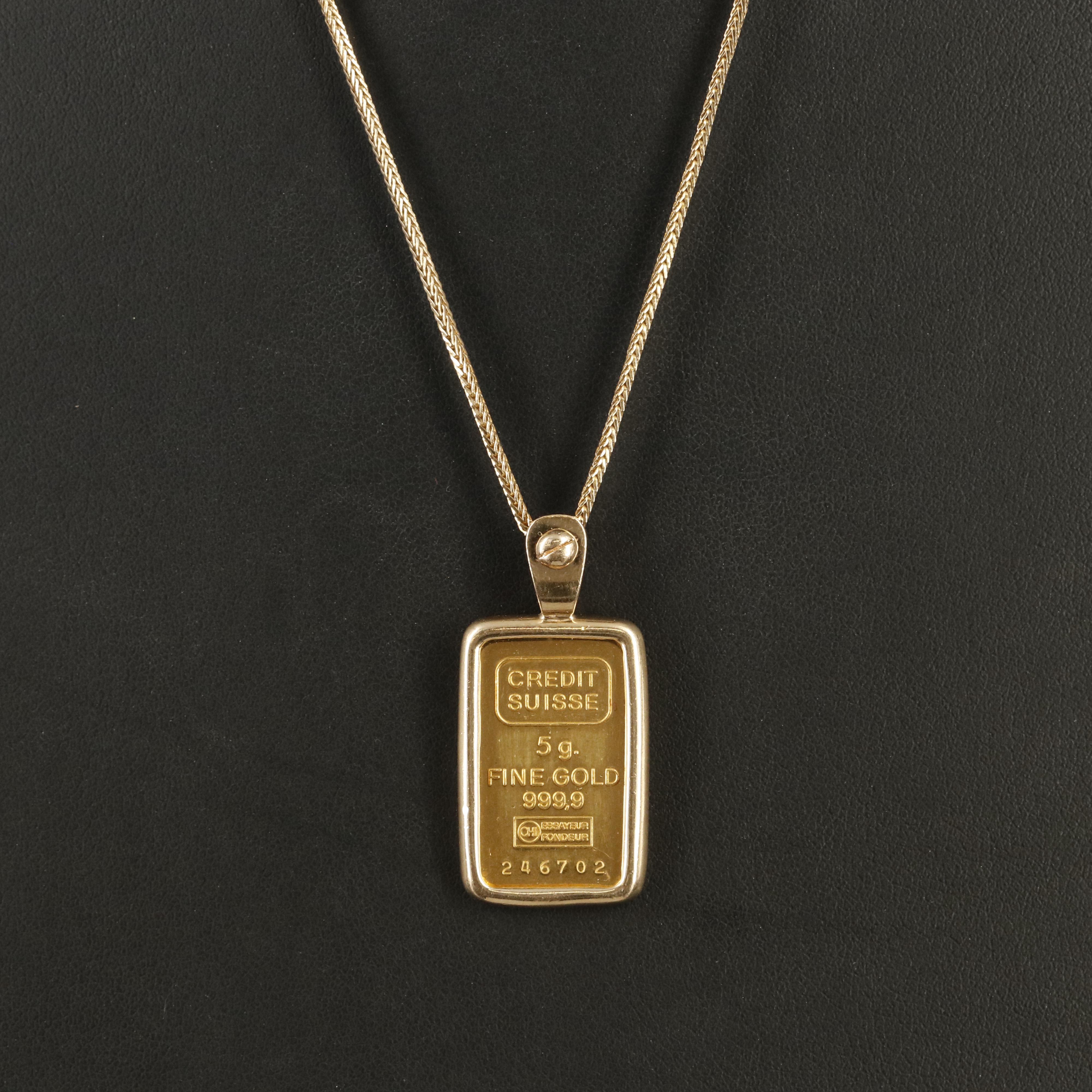 Credit Suisse Gold Bar Pendant on 14K Foxtail Necklace