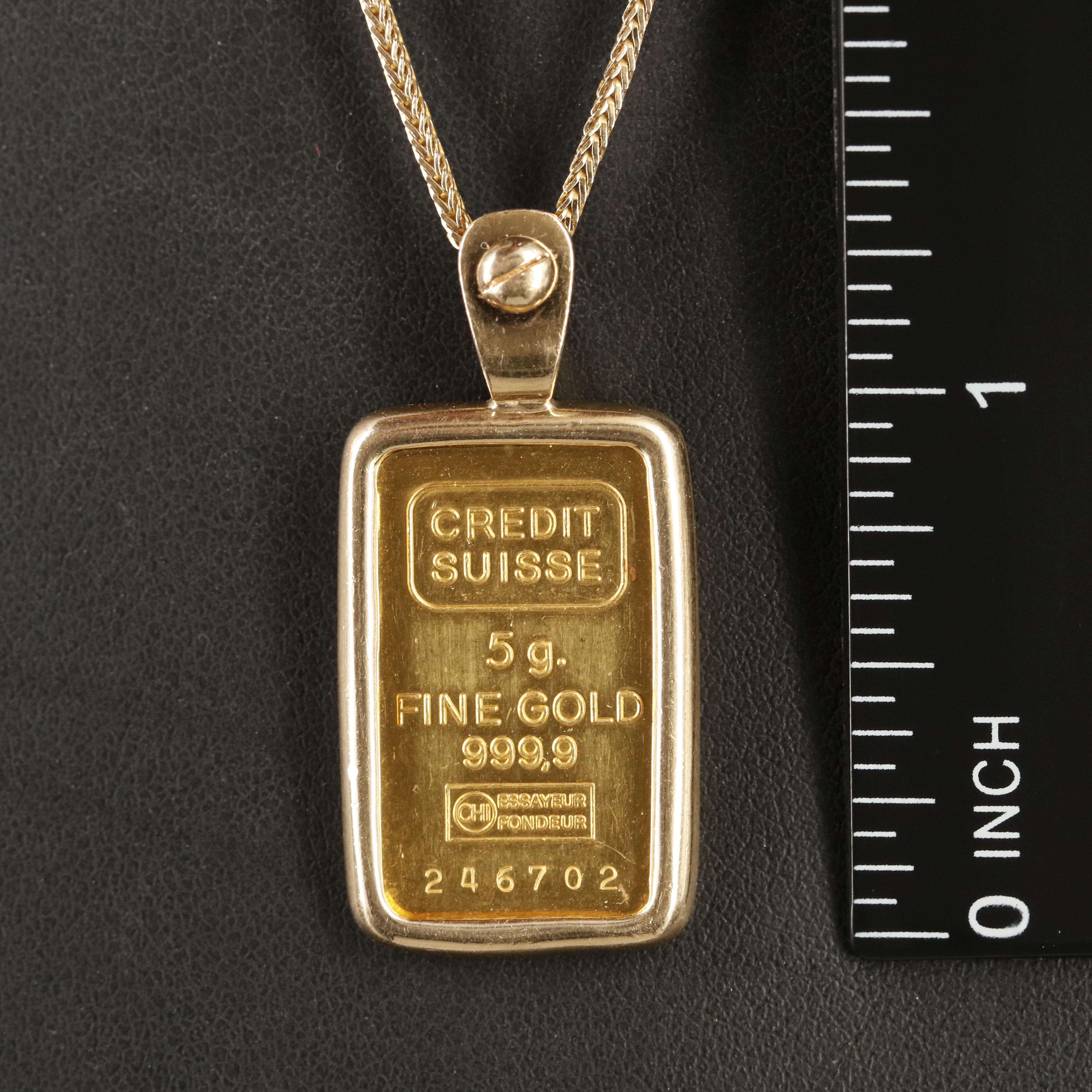 Credit Suisse Gold Bar Pendant on 14K Foxtail Necklace