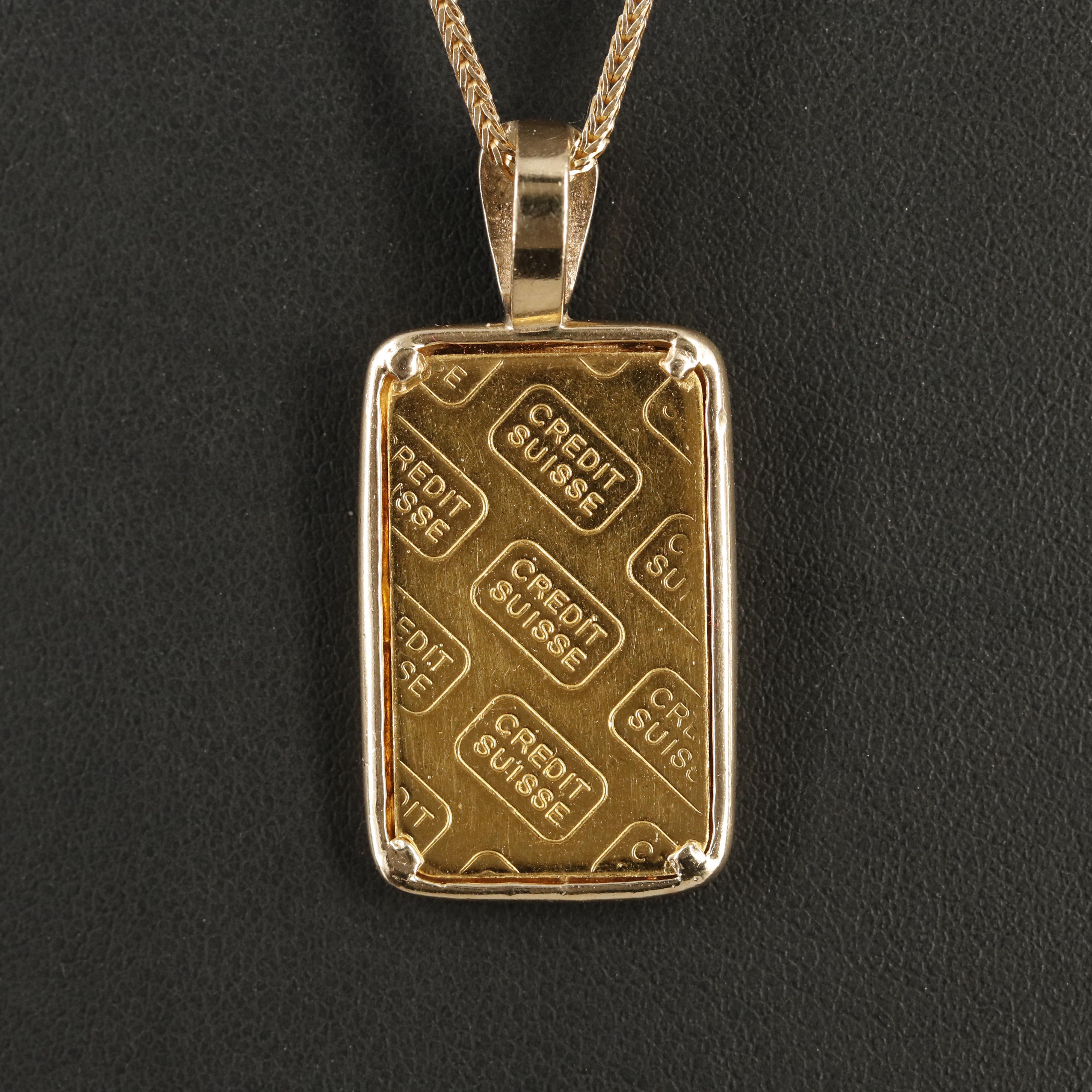 Credit Suisse Gold Bar Pendant on 14K Foxtail Necklace