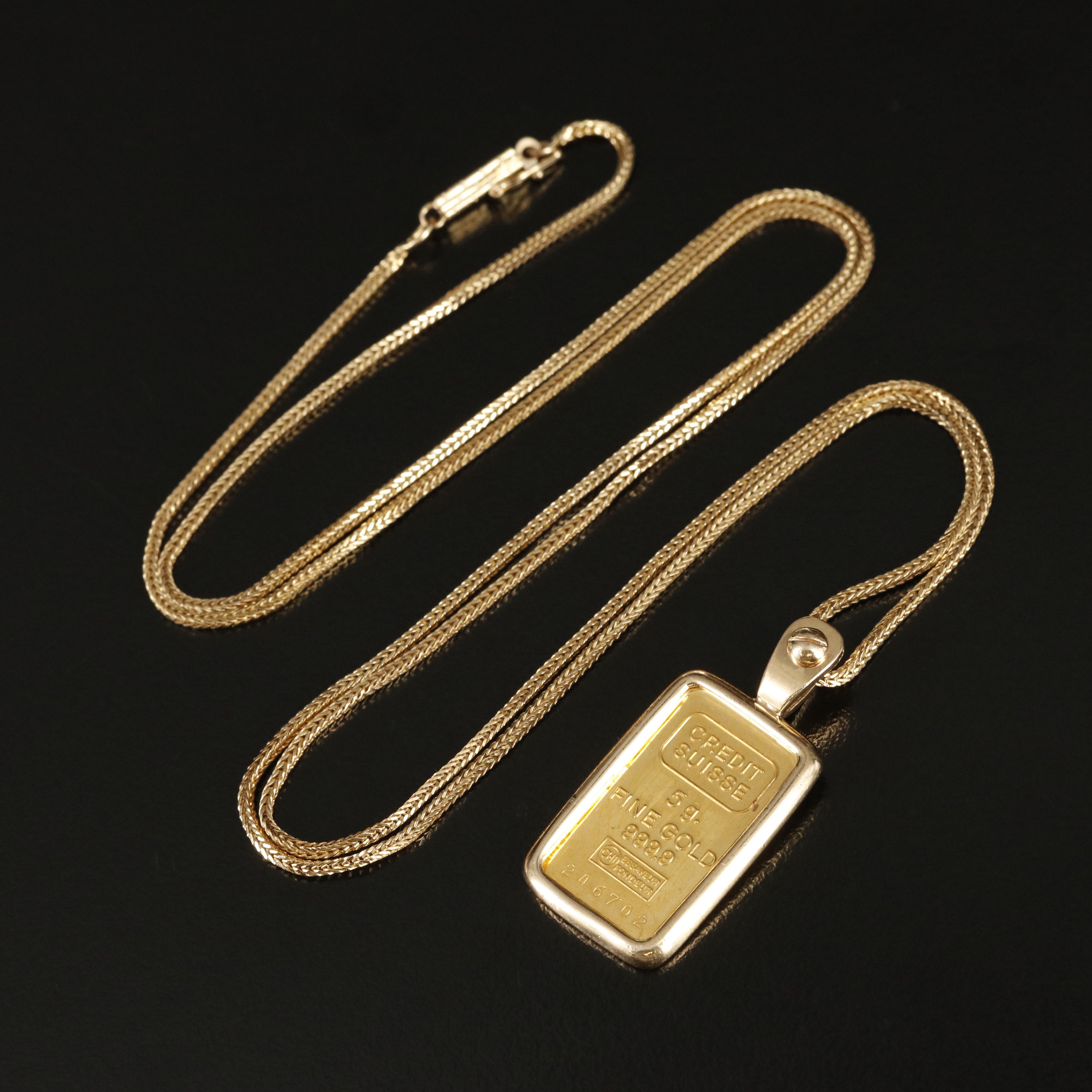 Credit Suisse Gold Bar Pendant on 14K Foxtail Necklace