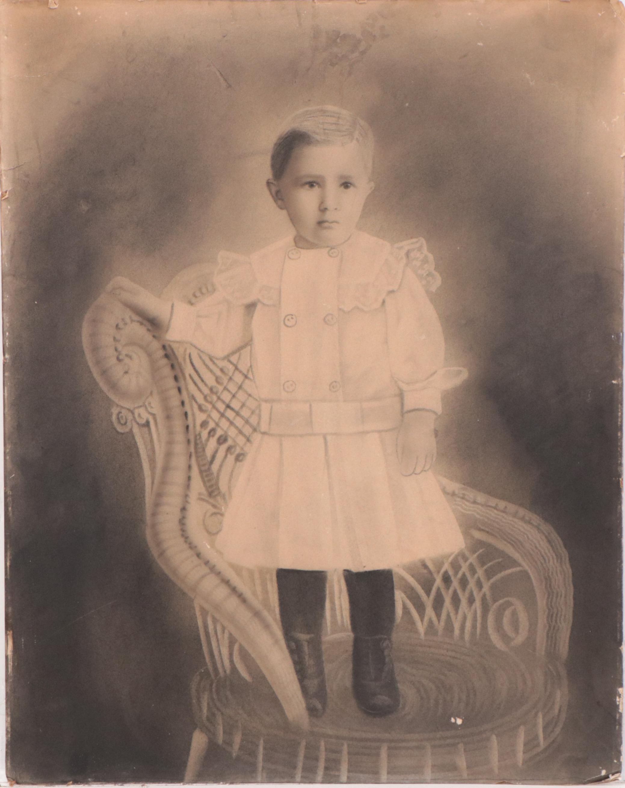 Crayon Portrait Photograph of Young Boy, 19th Century