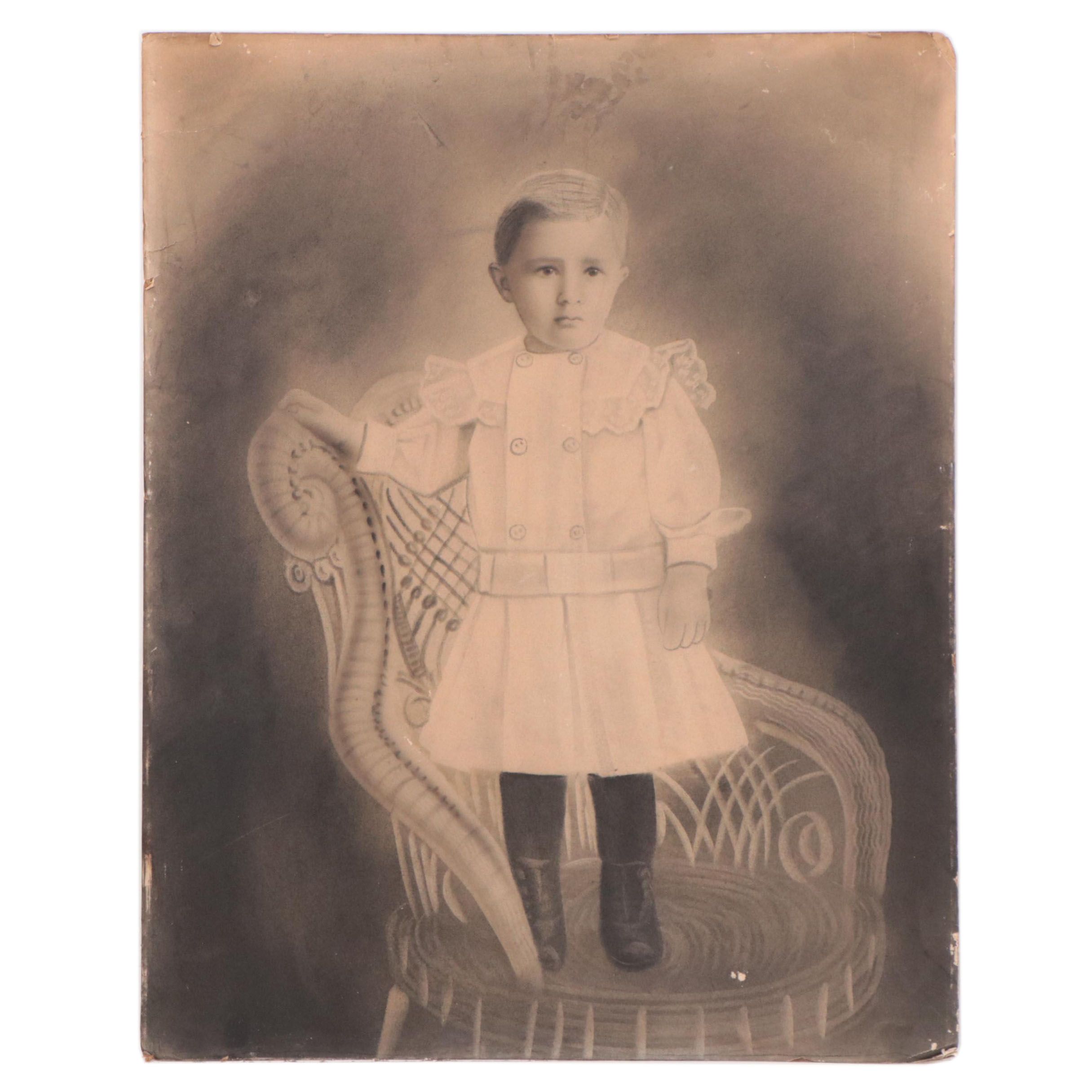 Crayon Portrait Photograph of Young Boy, 19th Century