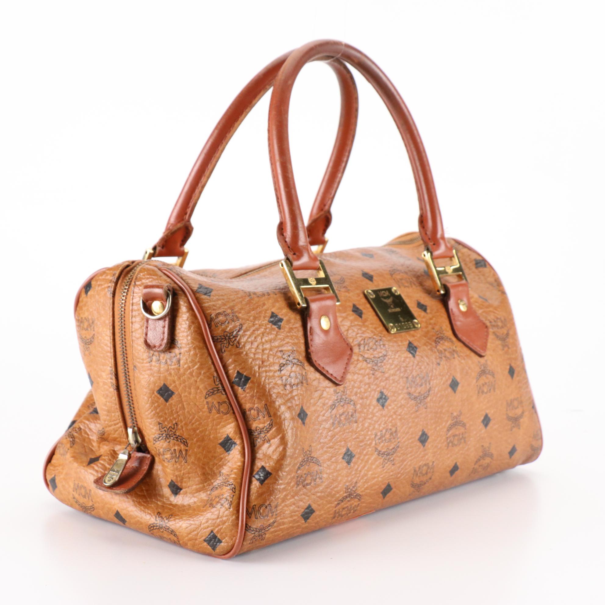 MCM München Boston Satchel Bag in Cognac Visetos Coated Canvas and Leather