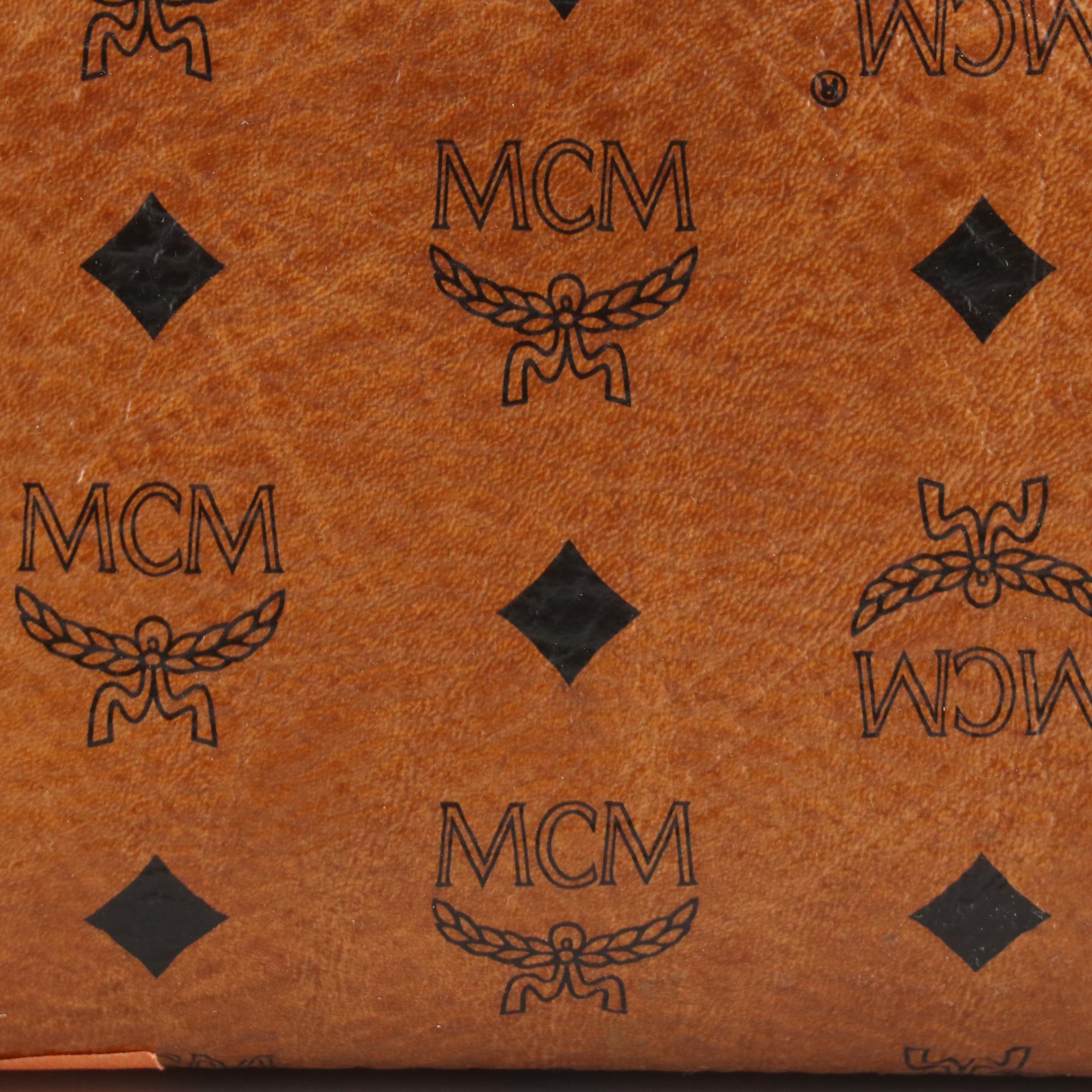 MCM München Boston Satchel Bag in Cognac Visetos Coated Canvas and Leather