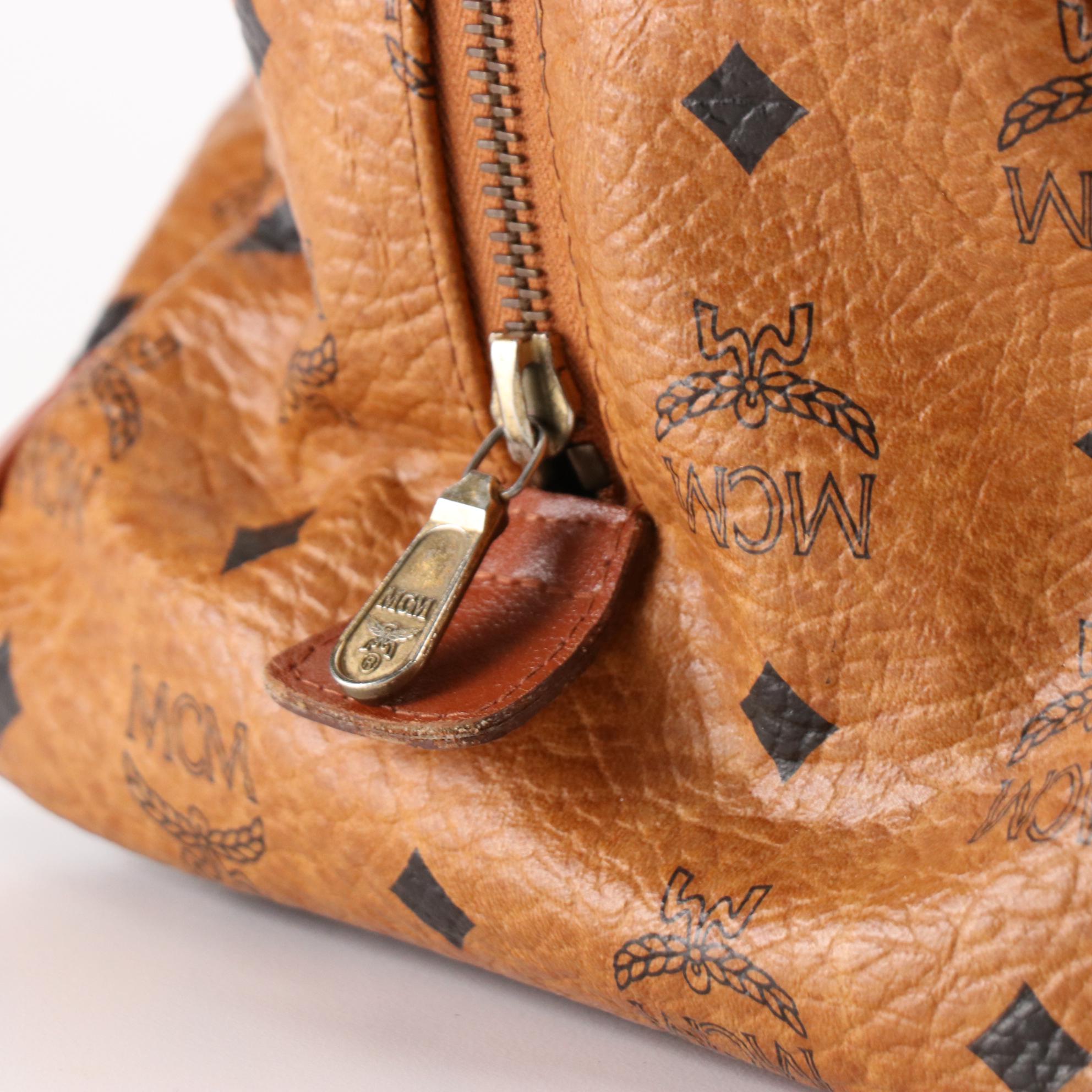 MCM München Boston Satchel Bag in Cognac Visetos Coated Canvas and Leather