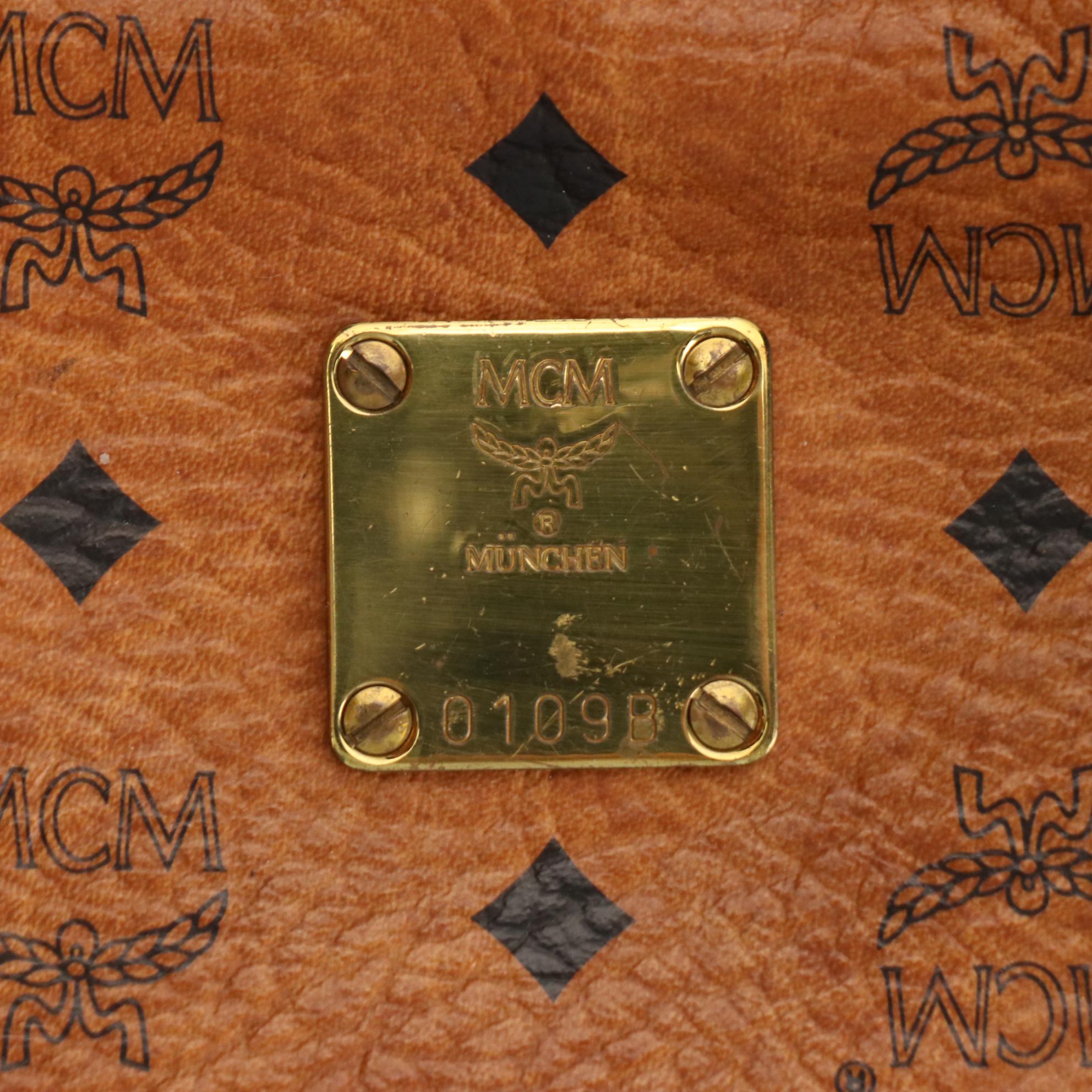 MCM München Boston Satchel Bag in Cognac Visetos Coated Canvas and Leather