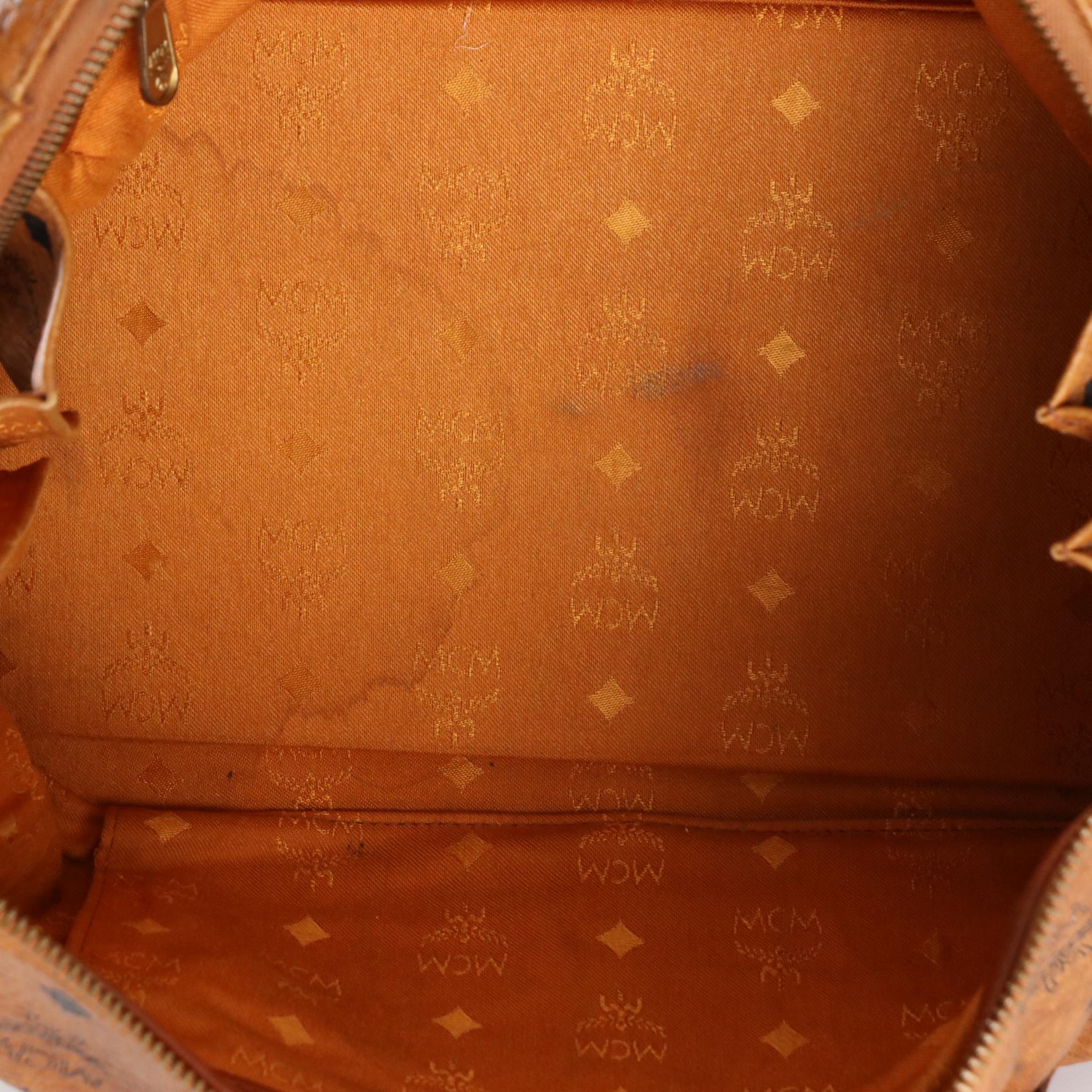 MCM München Boston Satchel Bag in Cognac Visetos Coated Canvas and Leather