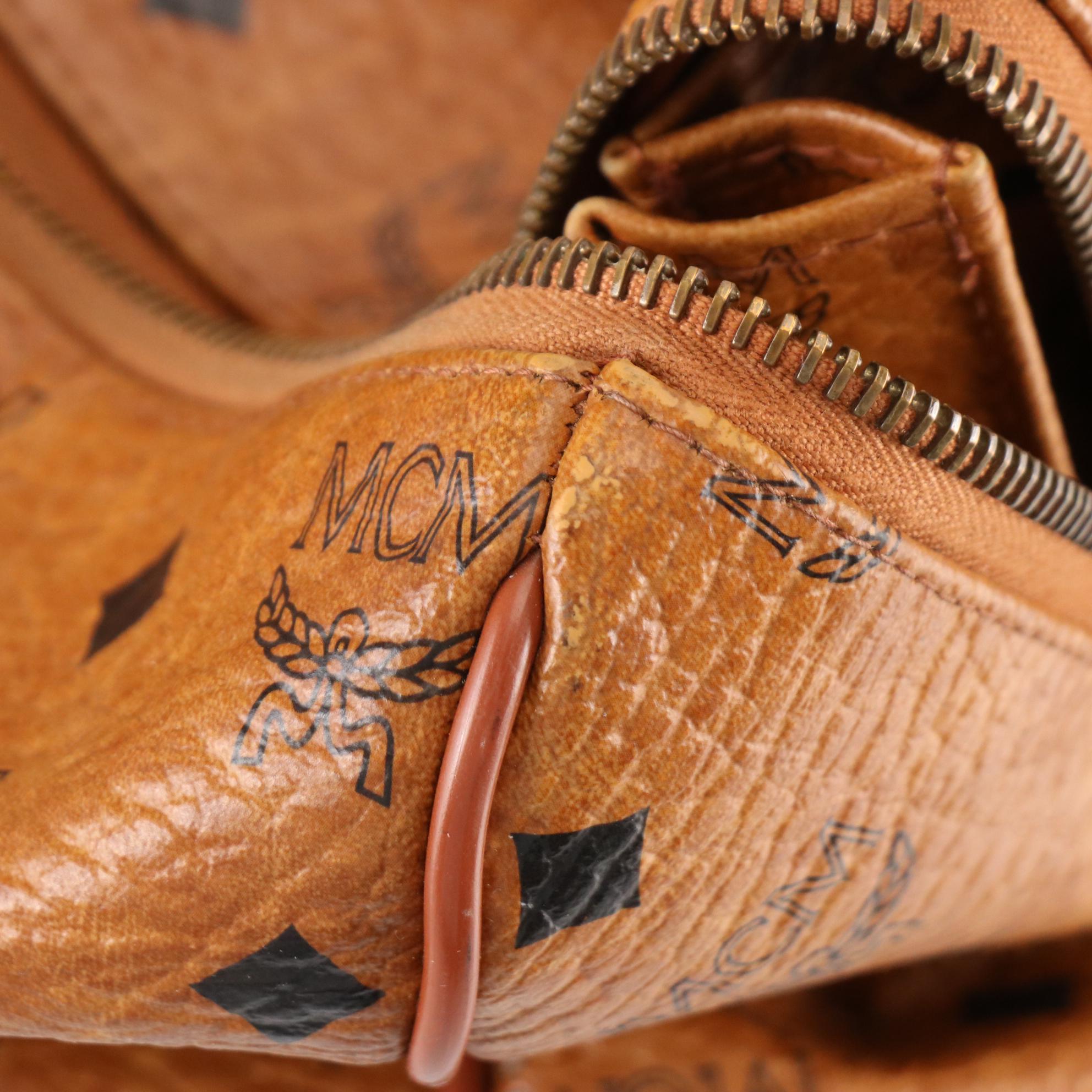 MCM München Boston Satchel Bag in Cognac Visetos Coated Canvas and Leather