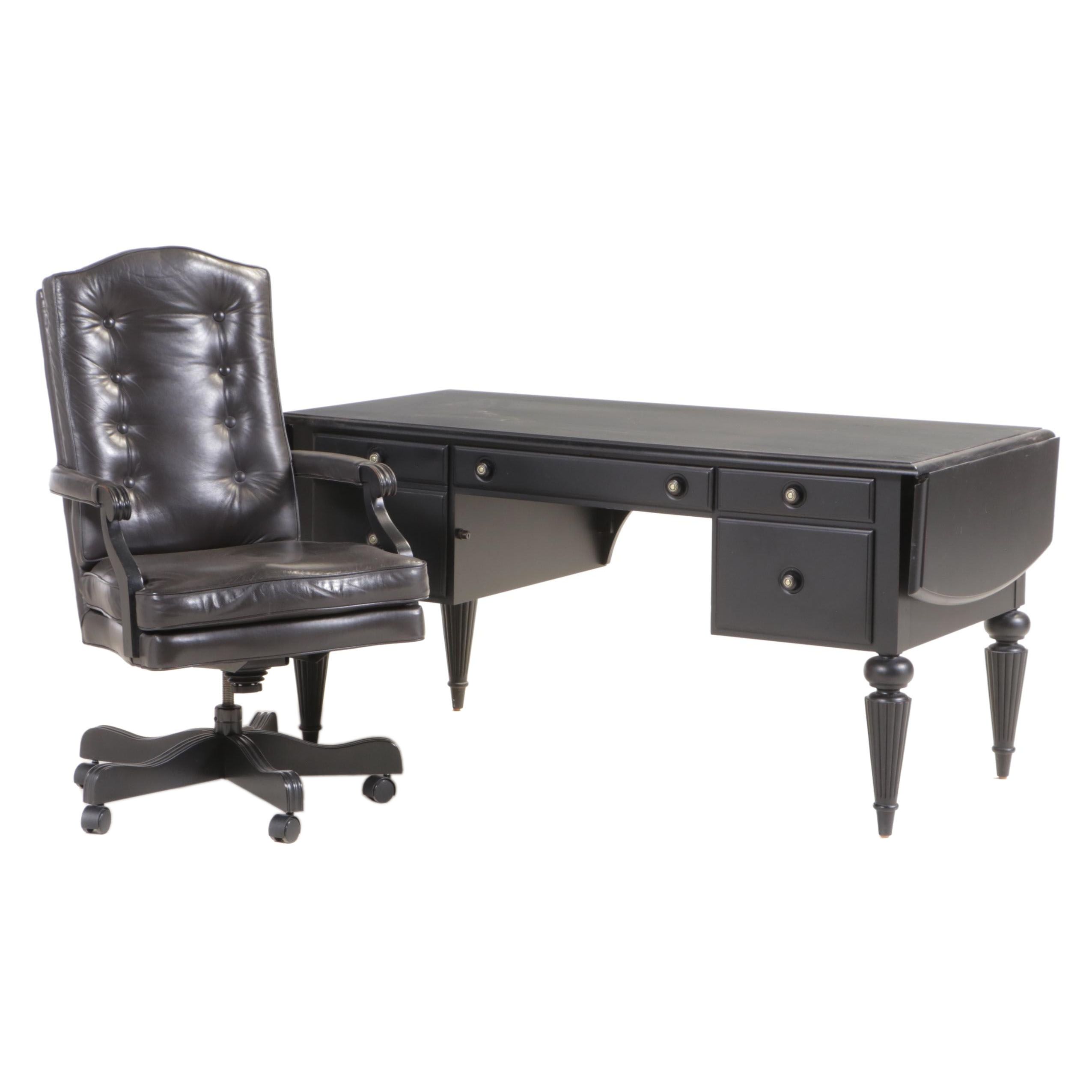 Ethan Allen British Classics "Marshall" Drop-Leaf Desk and Tufted Leather Chair