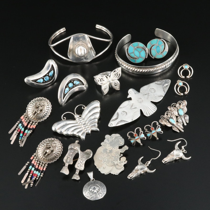 950 and Sterling Grouping Including Turquoise, Coral and Faux Turquoise