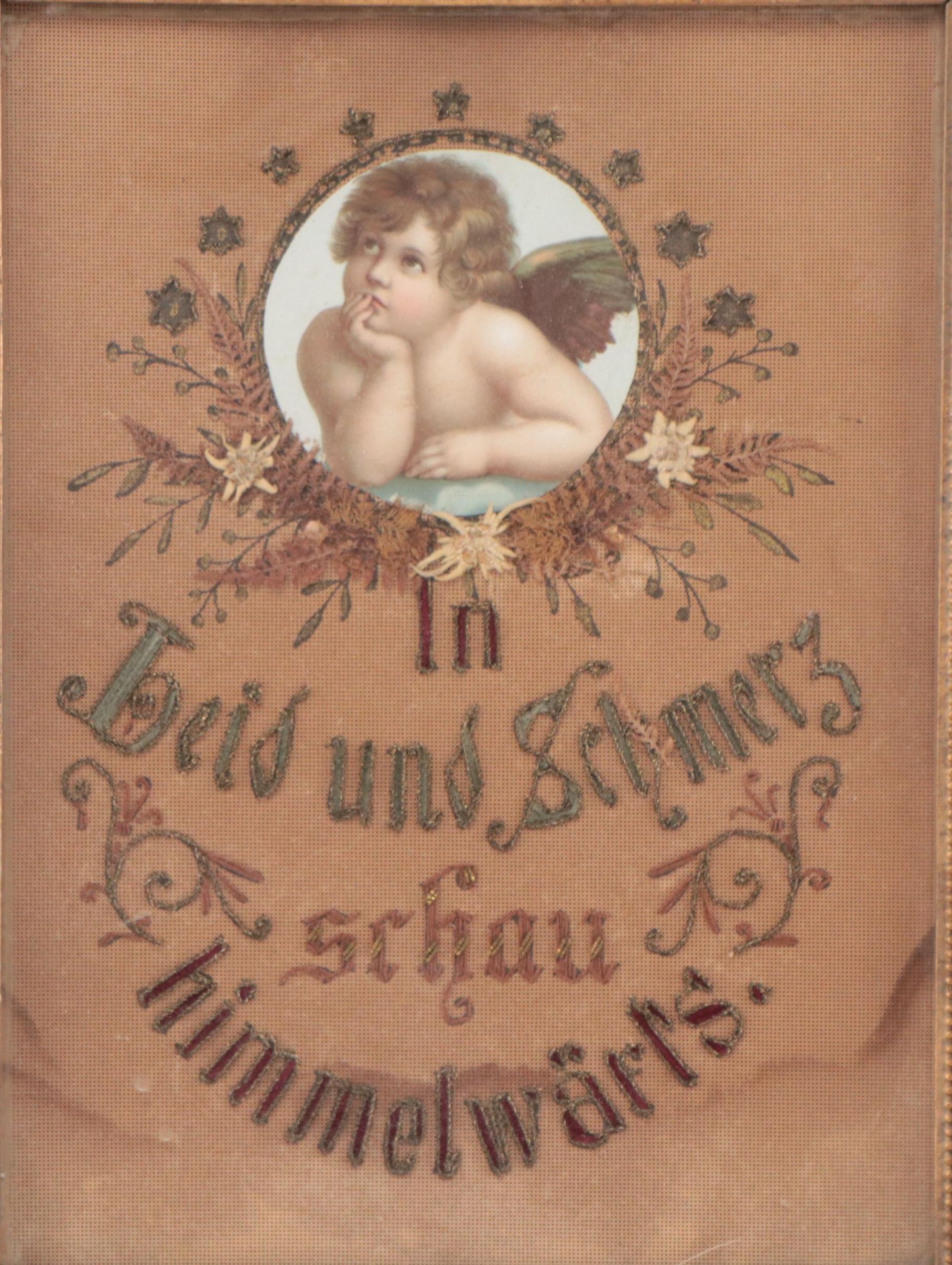 Framed German Embroidered "In Leid und Schmerz Schau Himmelwärts" Motto Sampler