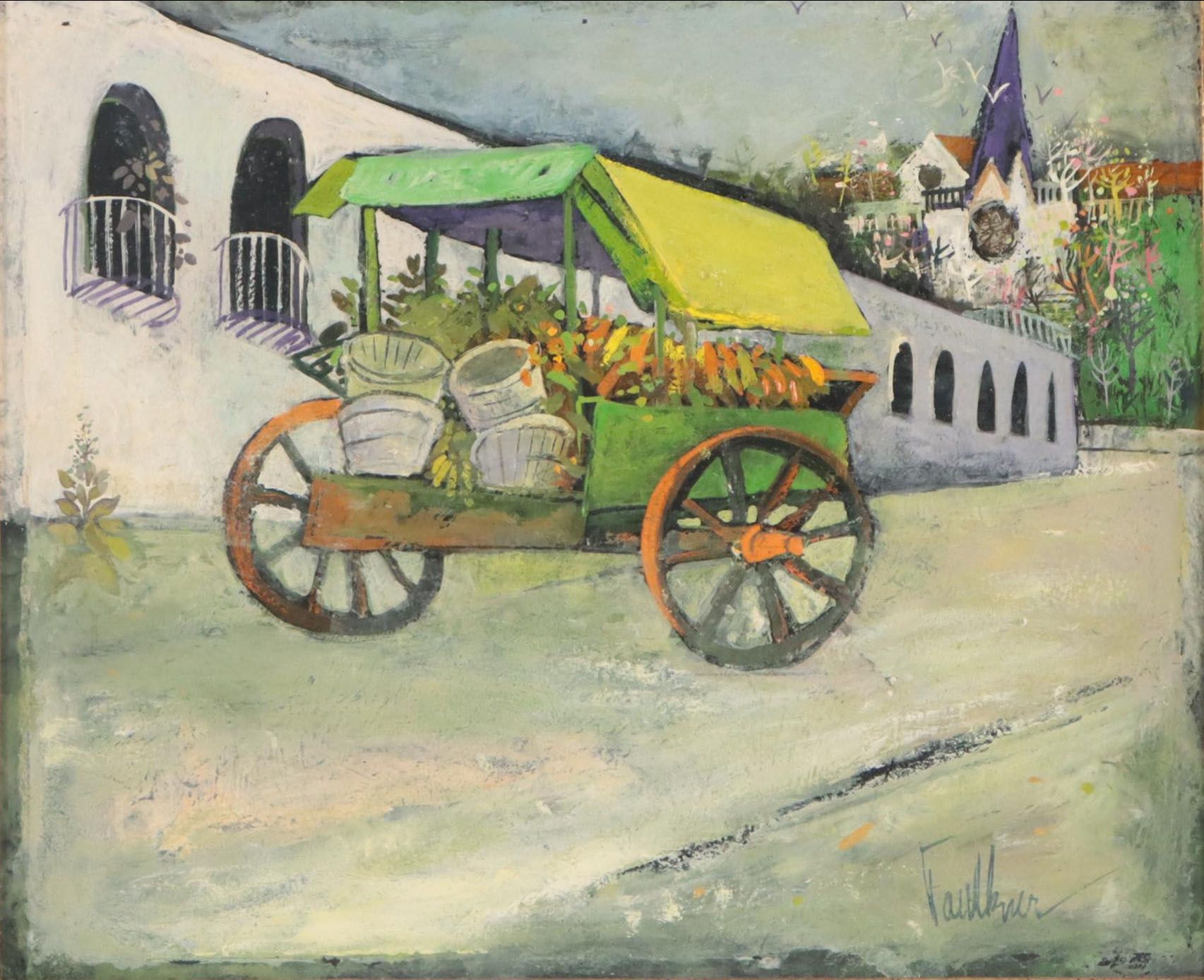 Henry Faulkner Folk Oil Painting "The Flower Cart"