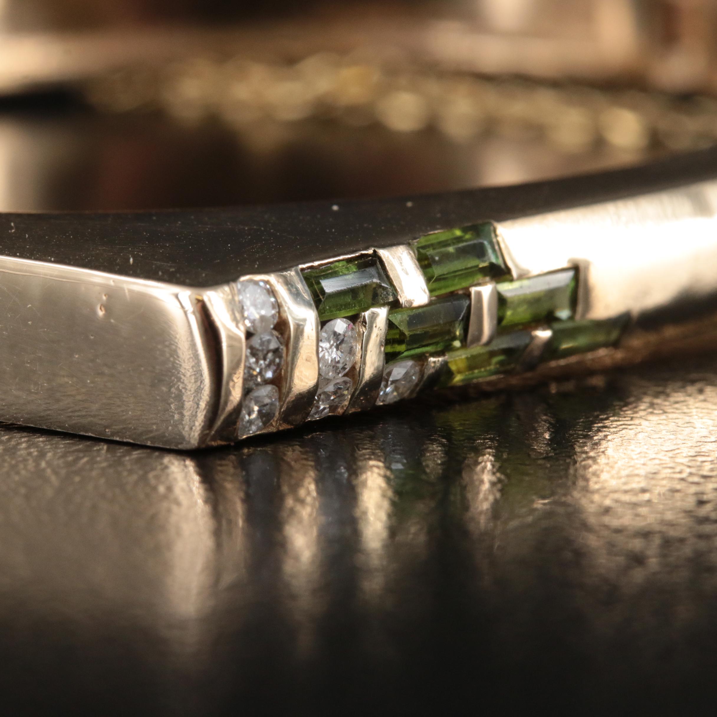 Modern 14K Diamond and Tourmaline Woven Design Bangle